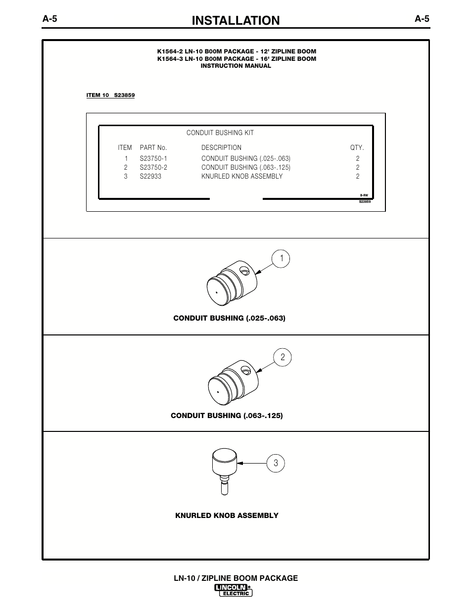 Installation, Ln-10 / zipline boom package | Lincoln Electric IM596-2 LN-10_ZIPLINE BOOM PACKAGE User Manual | Page 9 / 24