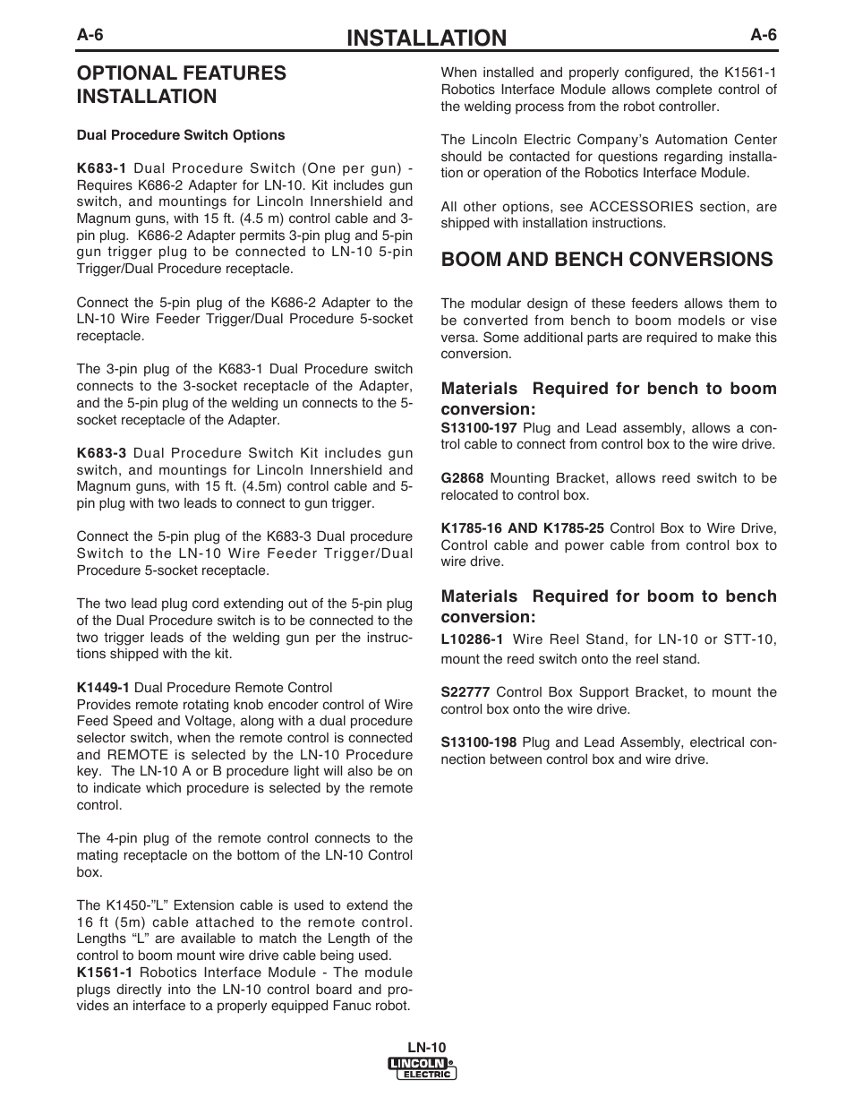 Installation, Optional features installation, Boom and bench conversions | Lincoln Electric IM906 LN-10 (Bench Model) User Manual | Page 13 / 48