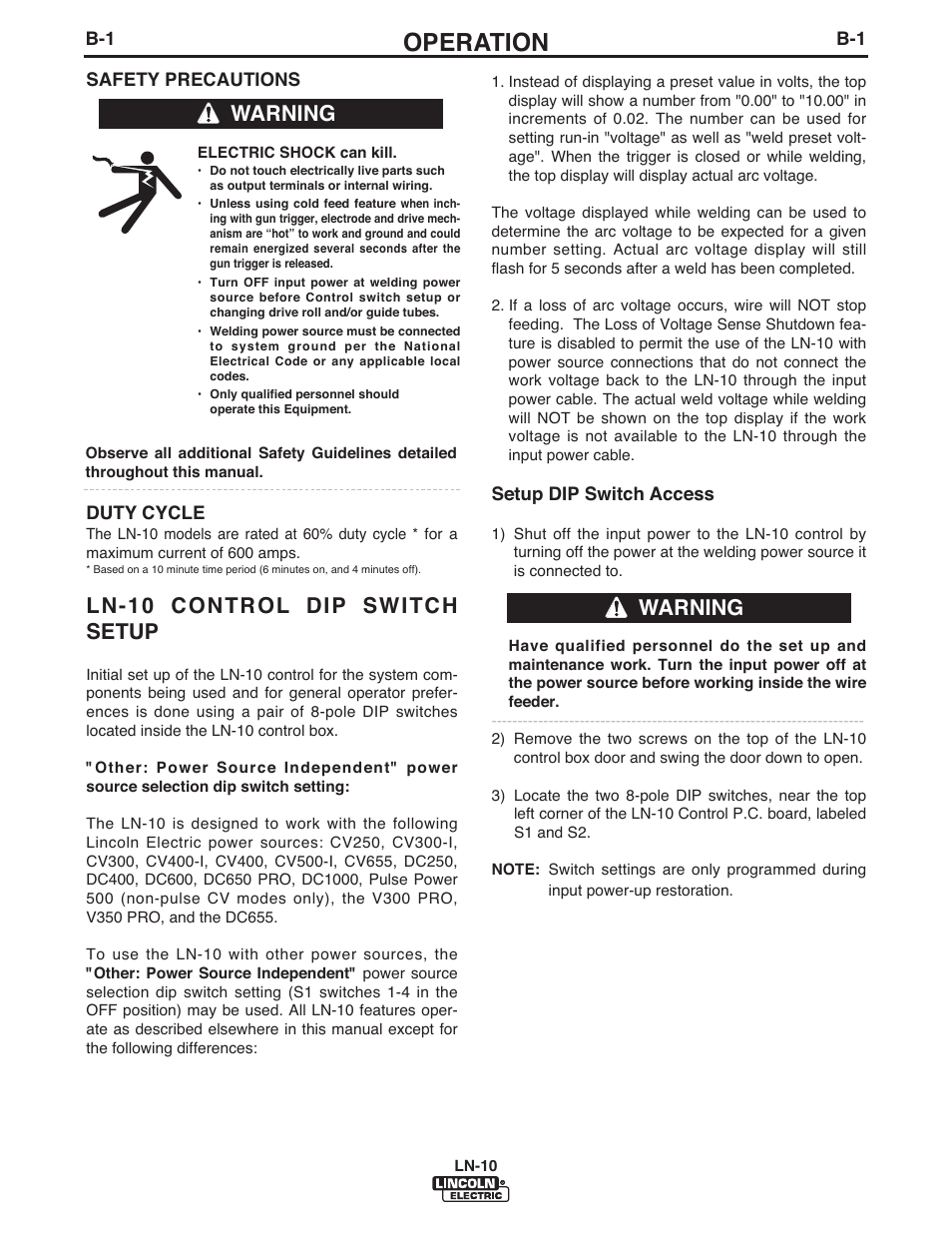 Operation, Ln-10 control dip switch setup, Warning | Lincoln Electric IM906 LN-10 (Bench Model) User Manual | Page 14 / 48