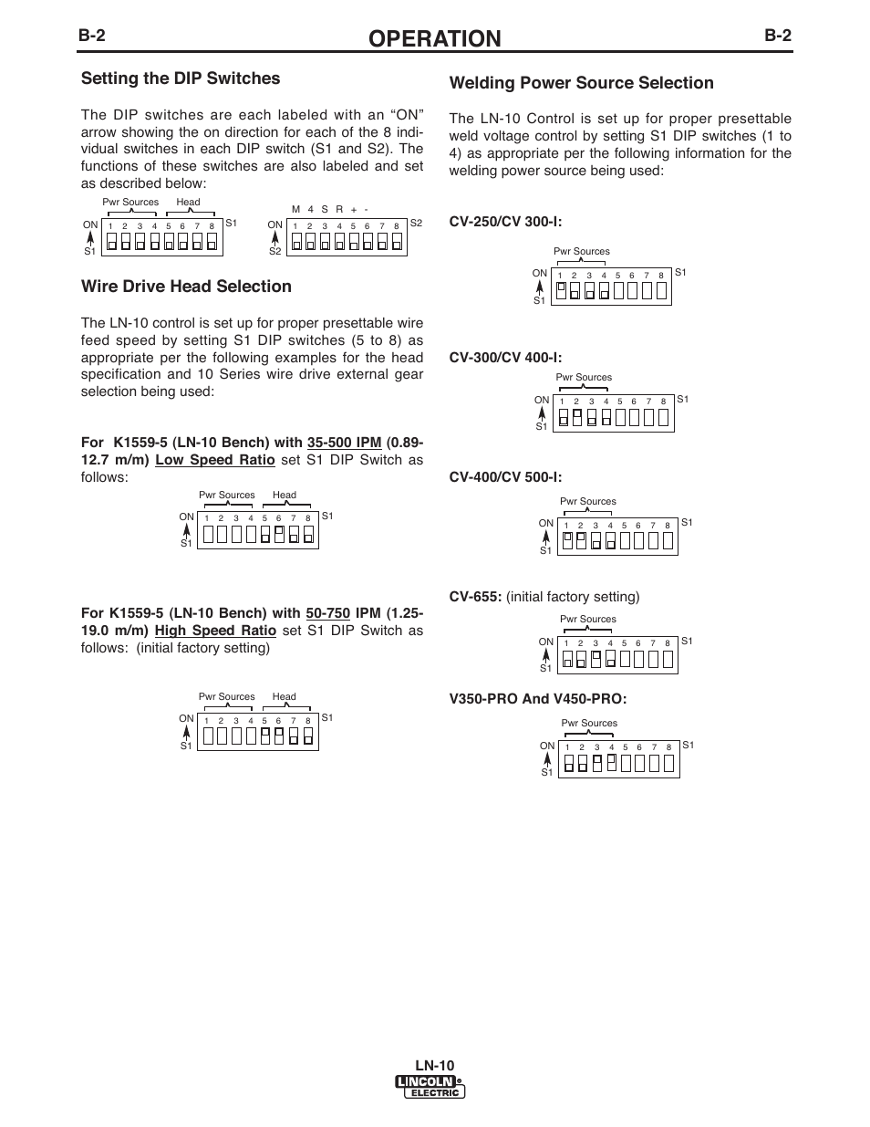 Operation, B-2 setting the dip switches, Wire drive head selection | Welding power source selection | Lincoln Electric IM906 LN-10 (Bench Model) User Manual | Page 15 / 48