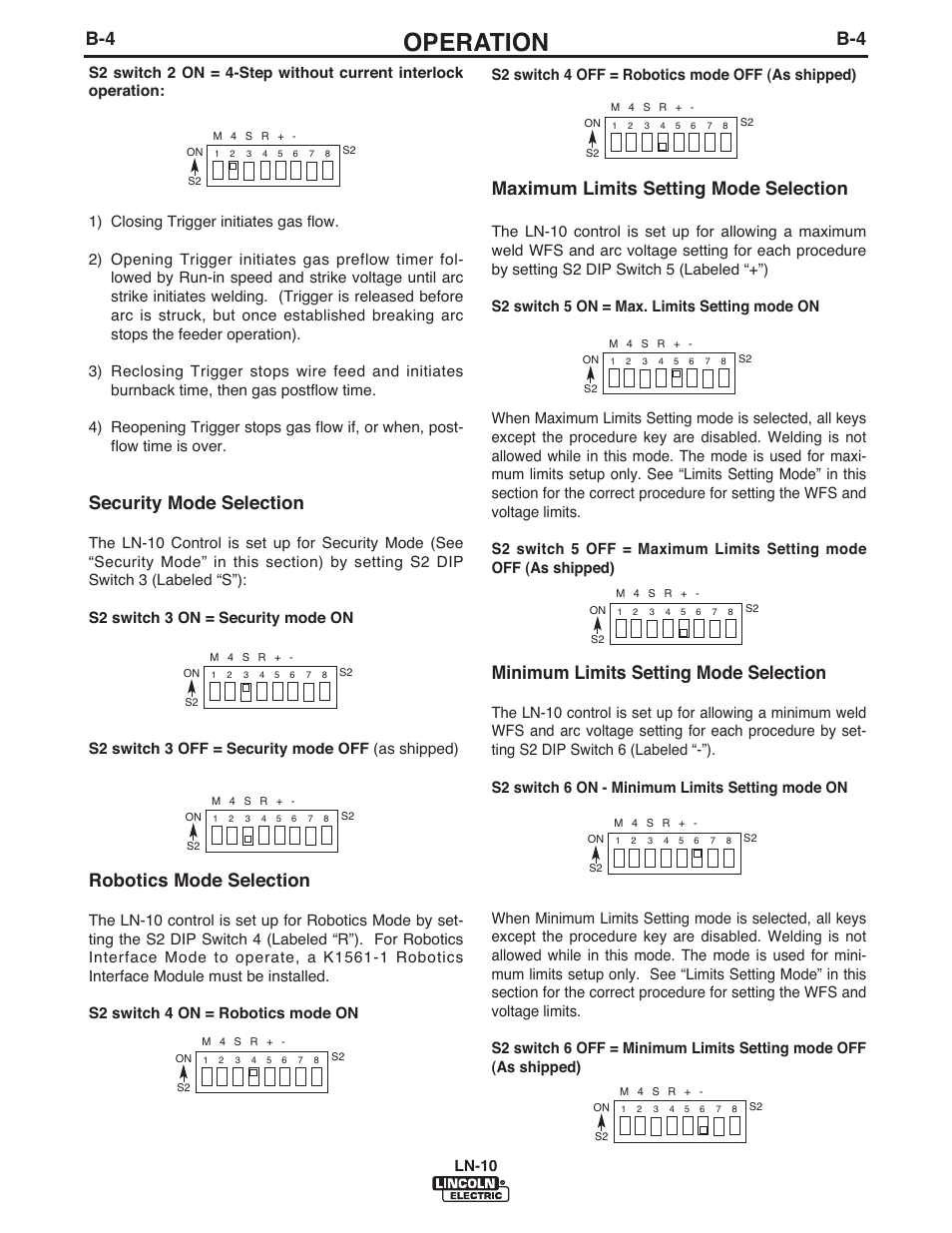 Operation, Minimum limits setting mode selection, Security mode selection | Robotics mode selection, Maximum limits setting mode selection, Ln-10, S2 switch 4 off = robotics mode off (as shipped) | Lincoln Electric IM906 LN-10 (Bench Model) User Manual | Page 17 / 48