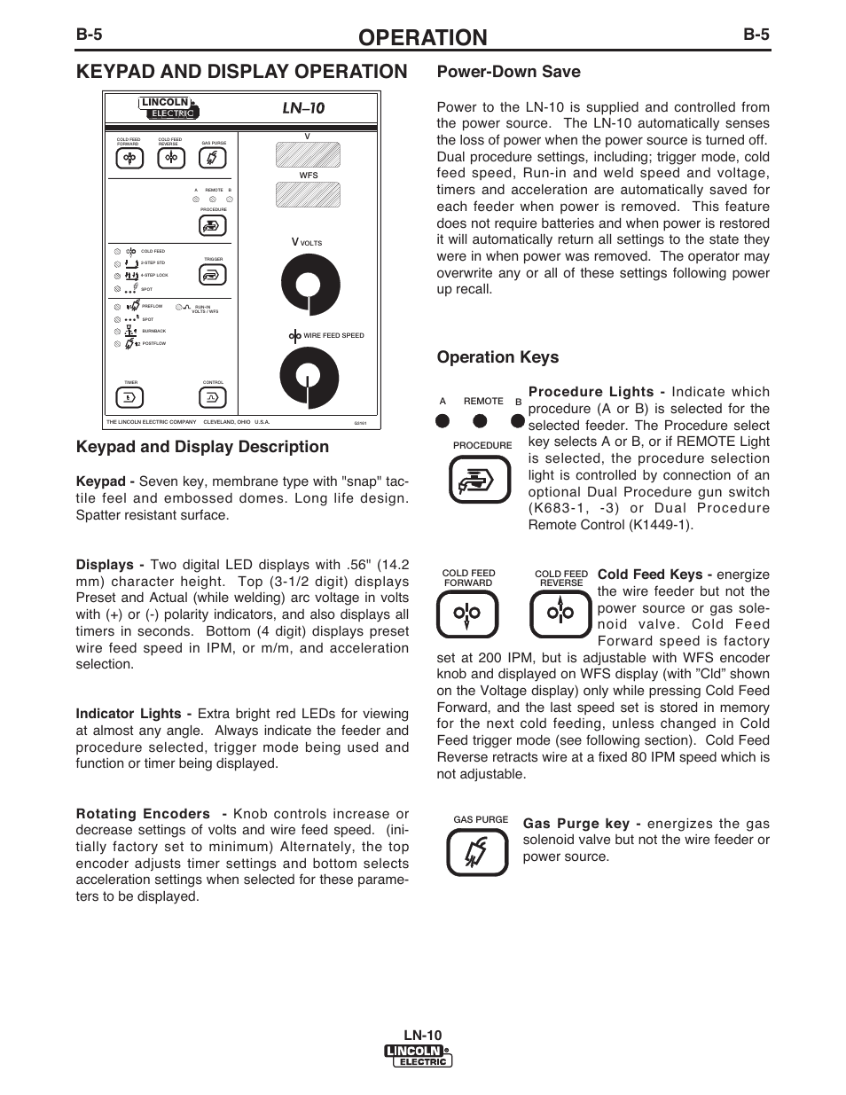 Operation, Keypad and display operation, B-5 keypad and display description | Power-down save, Operation keys | Lincoln Electric IM906 LN-10 (Bench Model) User Manual | Page 18 / 48