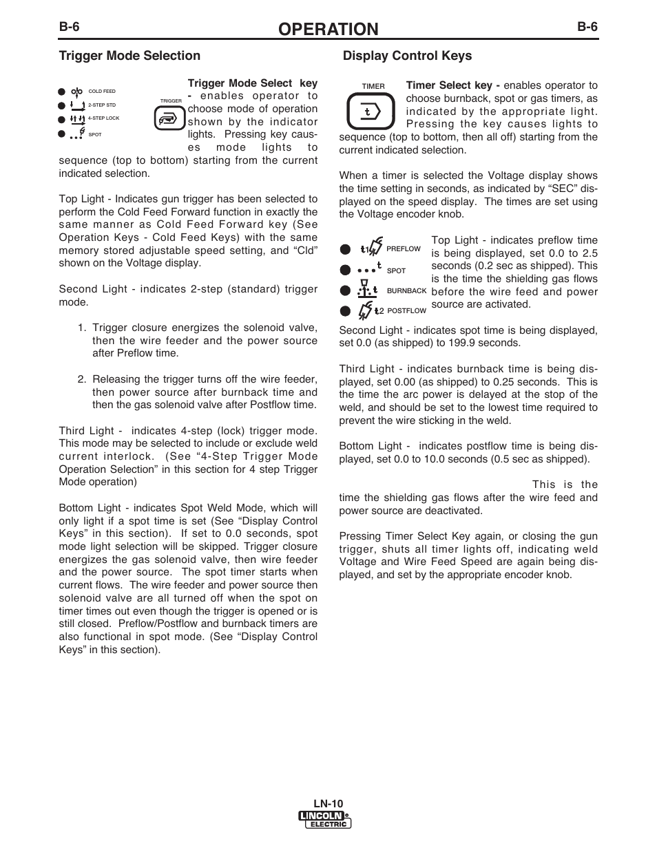 Operation, B-6 trigger mode selection, Display control keys | Lincoln Electric IM906 LN-10 (Bench Model) User Manual | Page 19 / 48