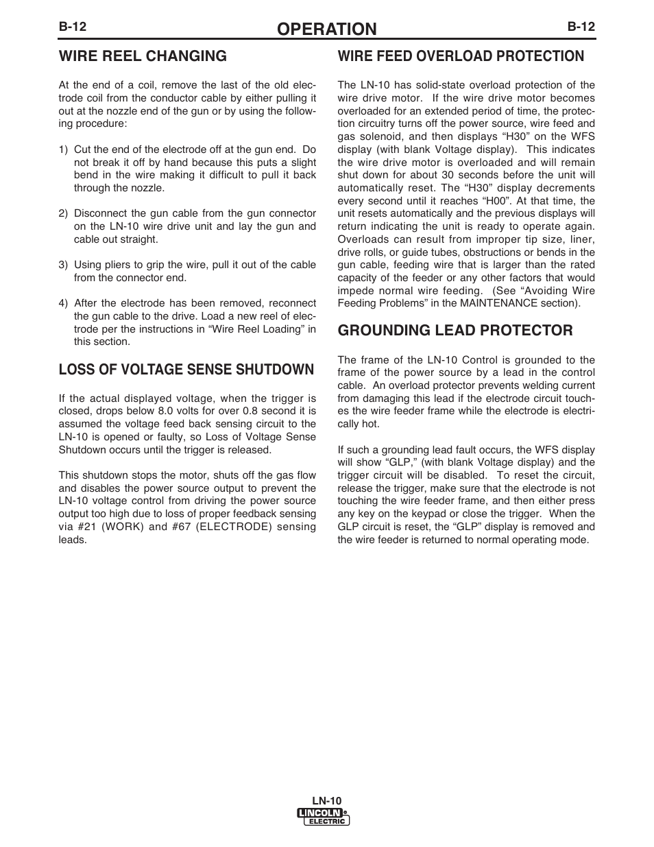 Operation, Wire reel changing, Loss of voltage sense shutdown | Wire feed overload protection, Grounding lead protector | Lincoln Electric IM906 LN-10 (Bench Model) User Manual | Page 25 / 48