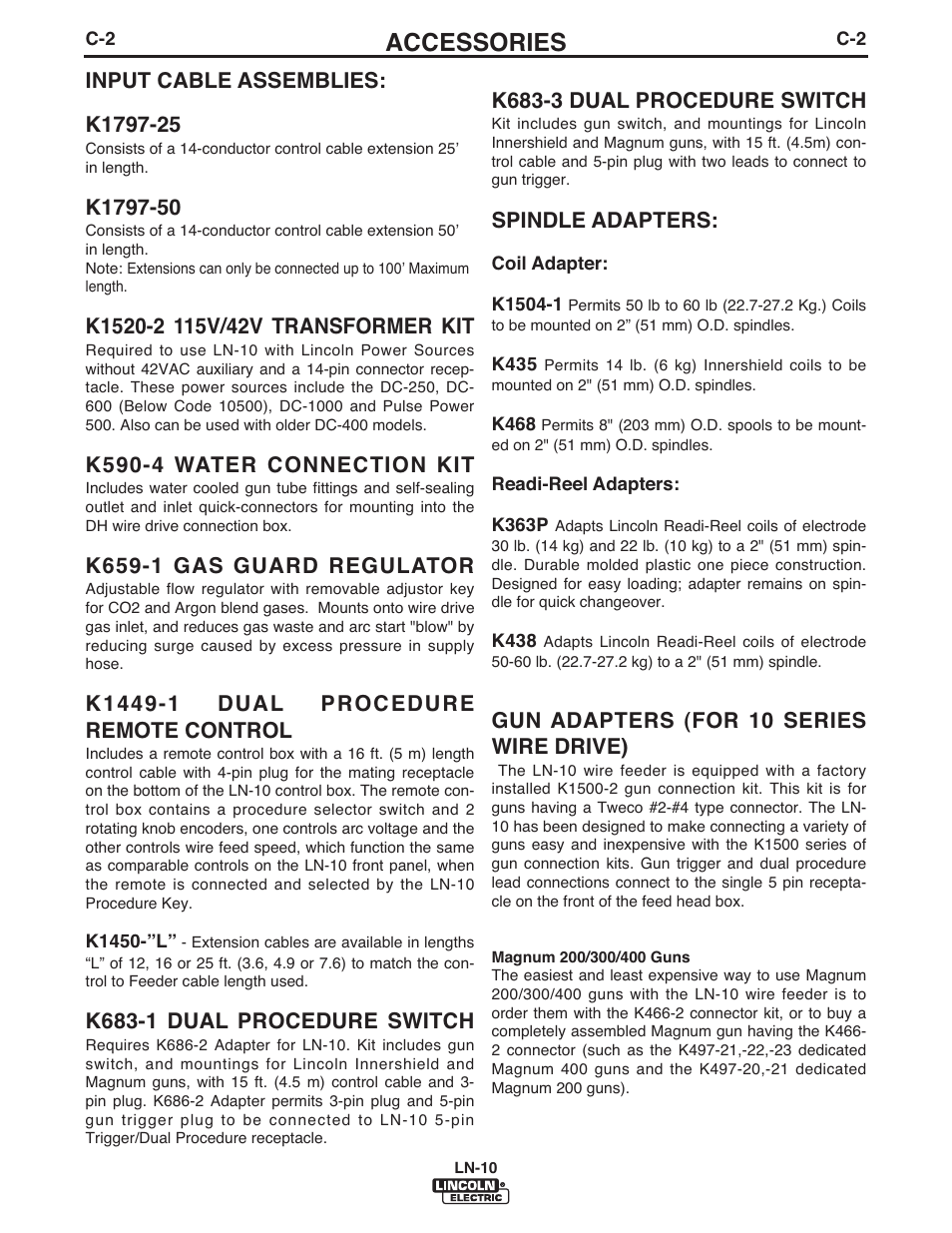 Accessories, K683-3 dual procedure switch, Spindle adapters | Gun adapters (for 10 series wire drive), K590-4 water connection kit, K659-1 gas guard regulator, K683-1 dual procedure switch | Lincoln Electric IM906 LN-10 (Bench Model) User Manual | Page 28 / 48