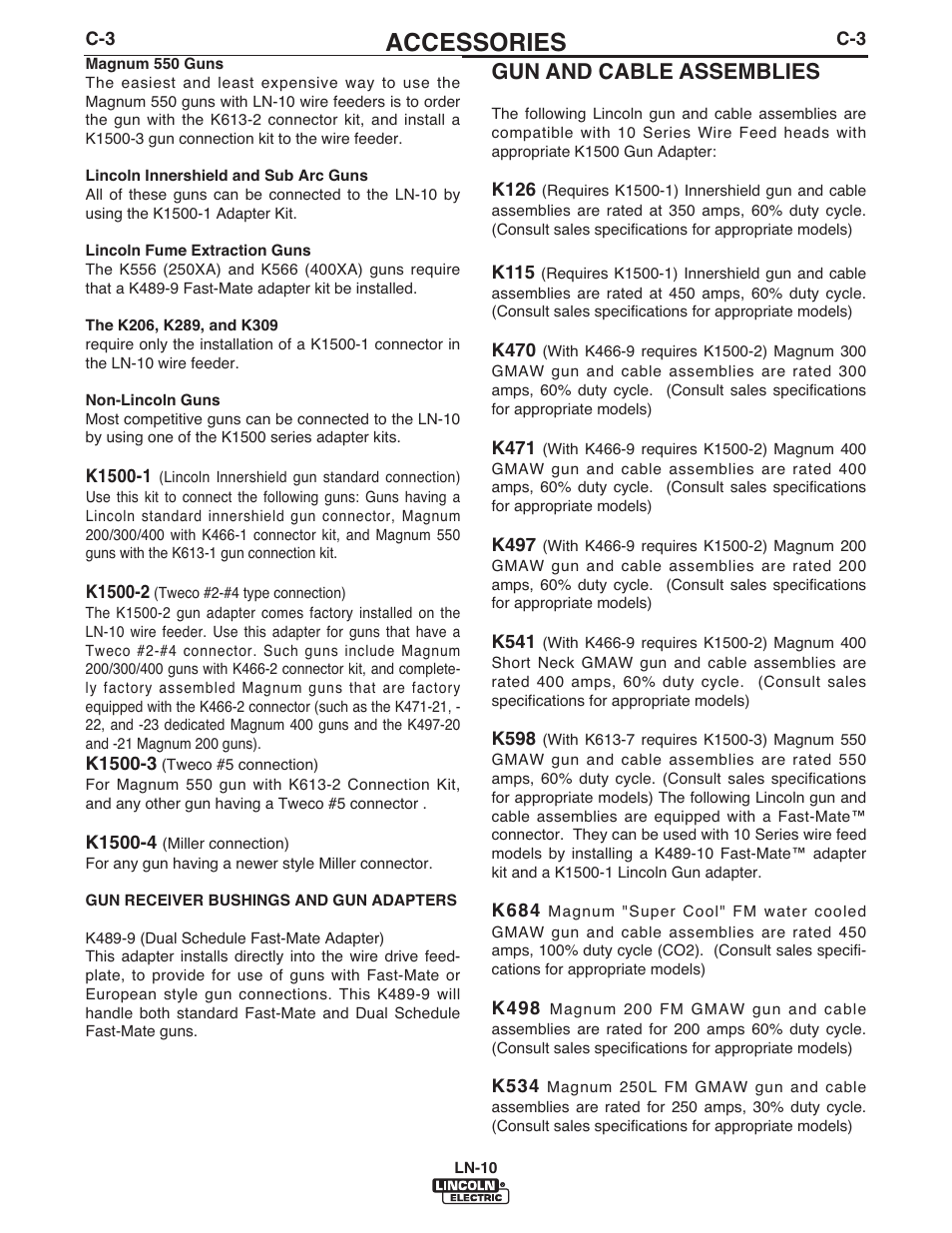 Accessories, Gun and cable assemblies | Lincoln Electric IM906 LN-10 (Bench Model) User Manual | Page 29 / 48