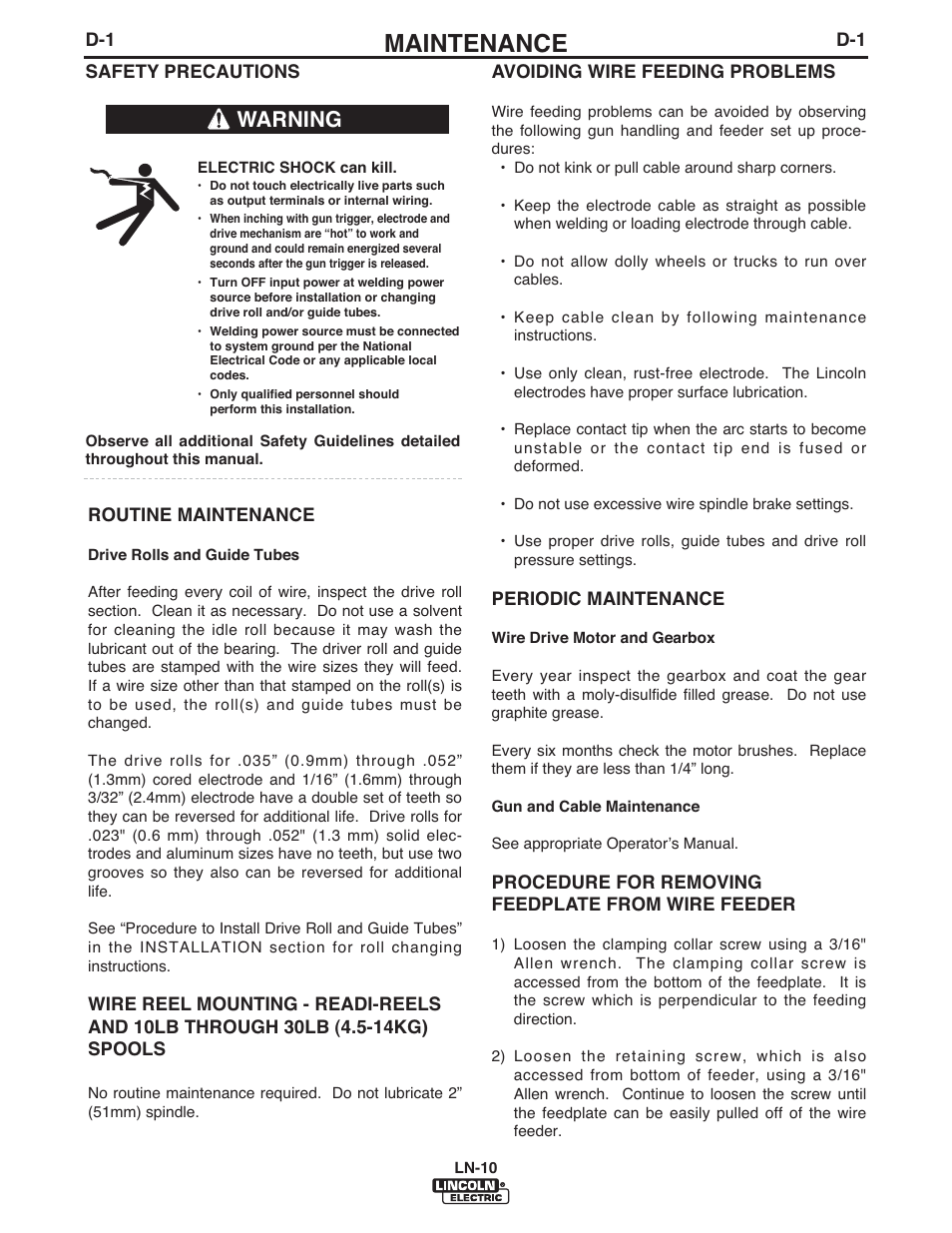 Maintenance, Warning | Lincoln Electric IM906 LN-10 (Bench Model) User Manual | Page 31 / 48