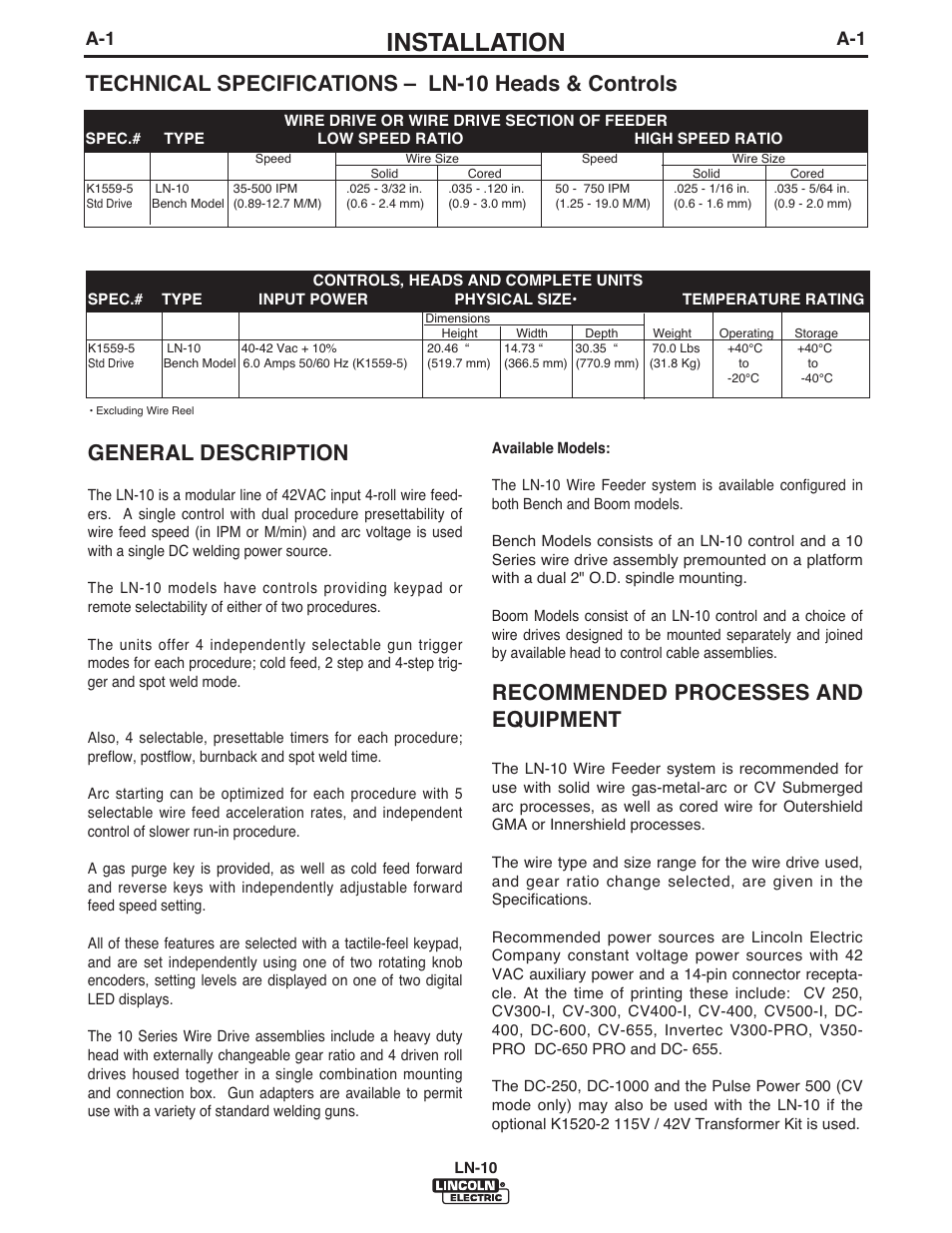 Installation, Technical specifications – ln-10 heads & controls, General description | Recommended processes and equipment | Lincoln Electric IM906 LN-10 (Bench Model) User Manual | Page 8 / 48