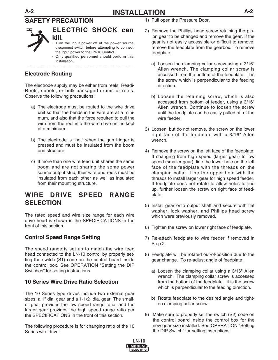 Installation, Wire drive speed range selection, Safety precaution electric shock can kill | Lincoln Electric IM906 LN-10 (Bench Model) User Manual | Page 9 / 48