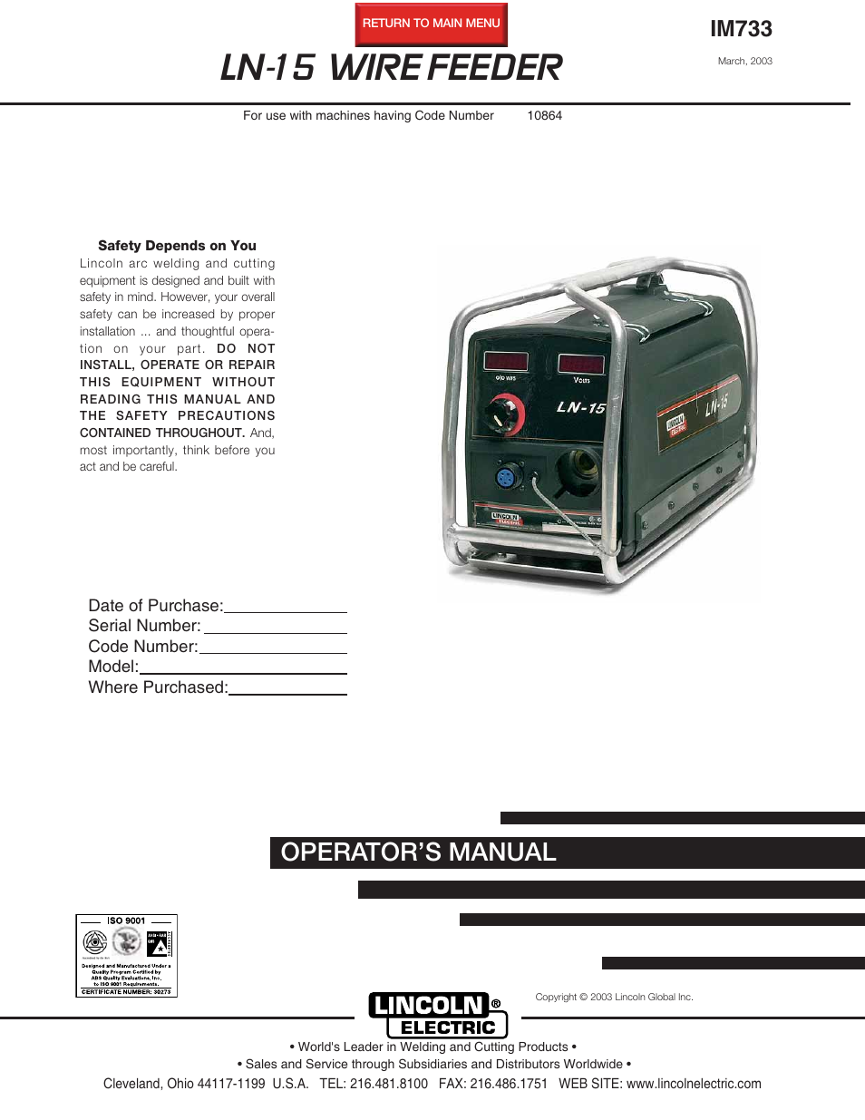 Lincoln Electric IM733 LN-15 WIRE FEEDER User Manual | 34 pages