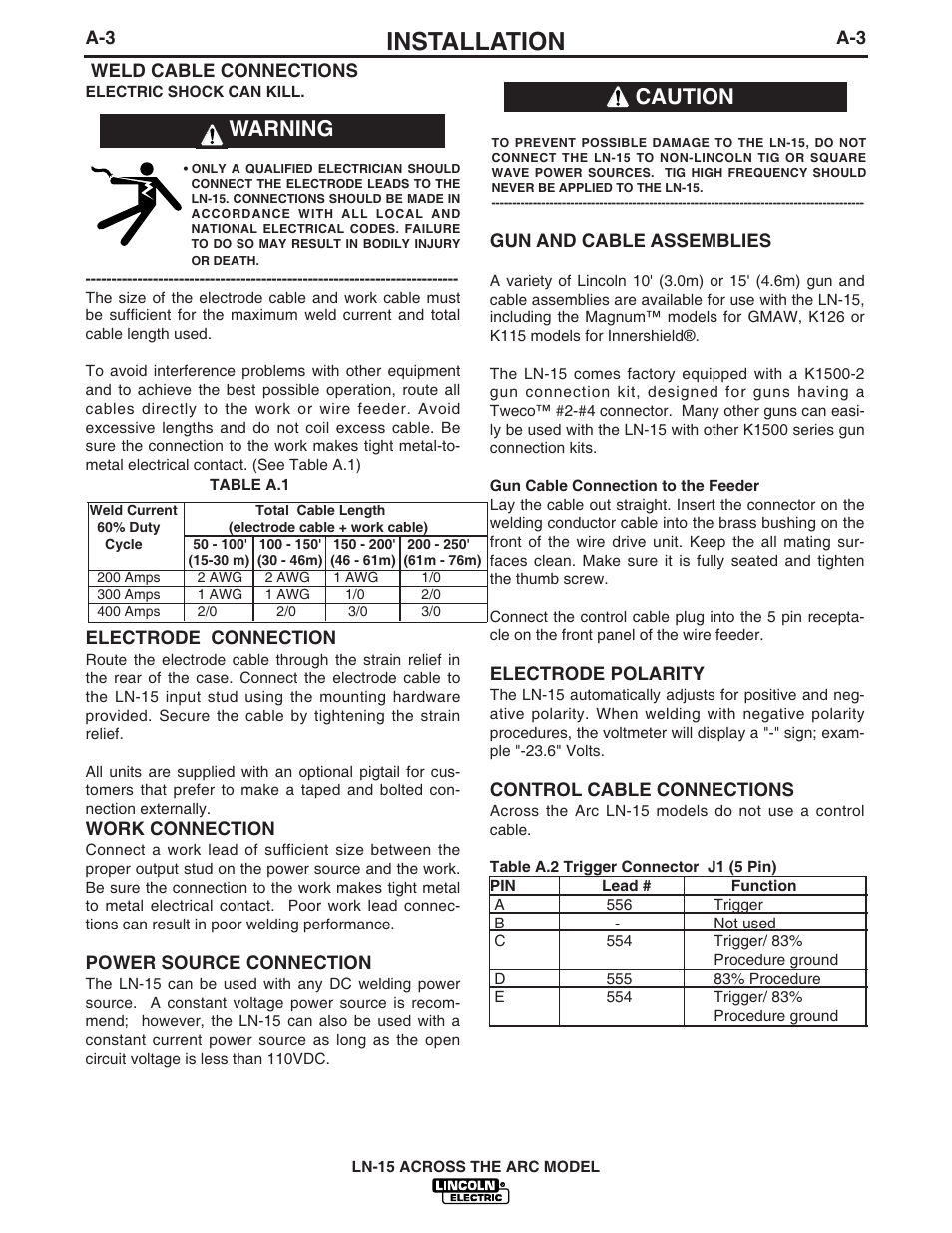 Installation, Warning caution | Lincoln Electric IM733 LN-15 WIRE FEEDER User Manual | Page 10 / 34