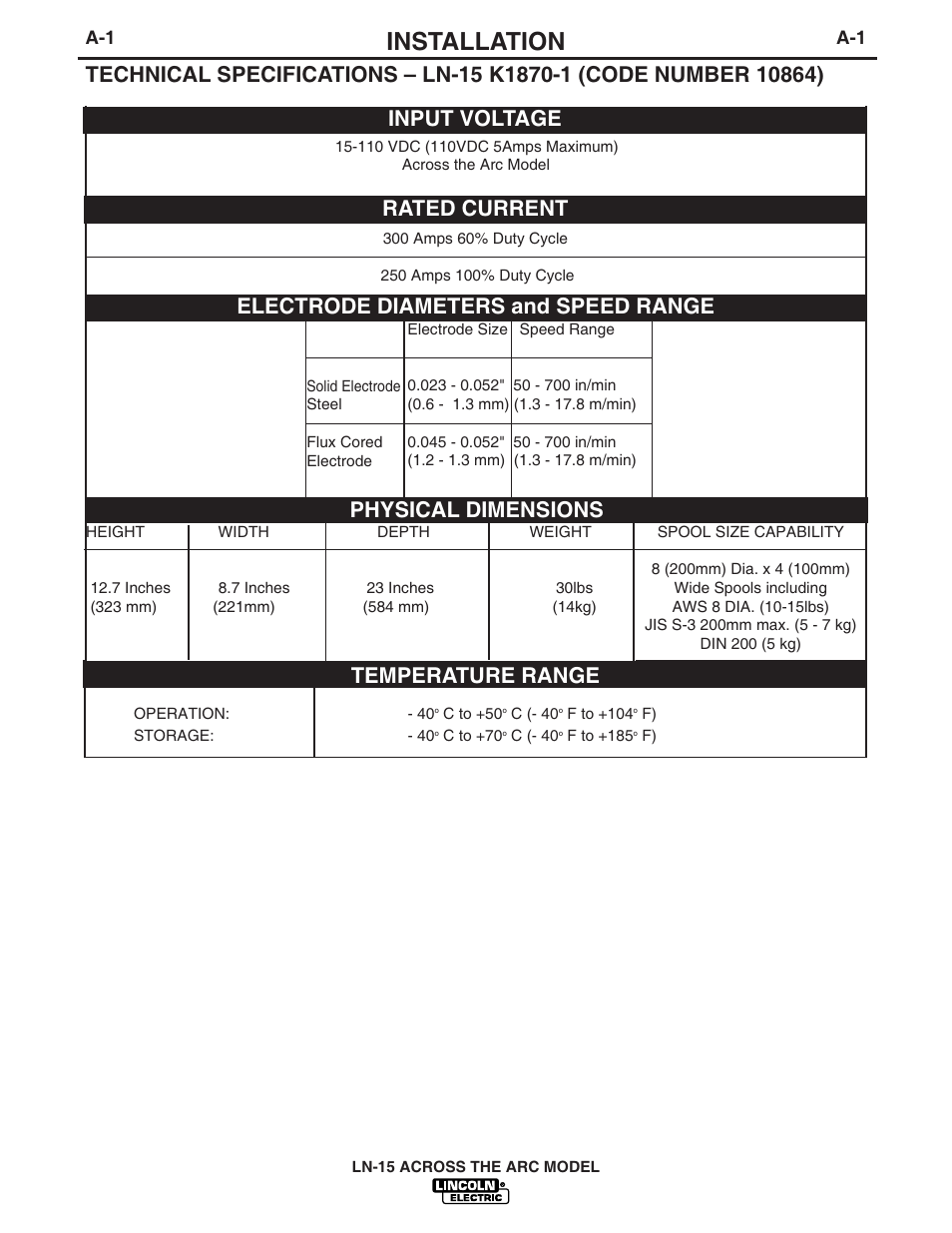 Installation, Temperature range | Lincoln Electric IM733 LN-15 WIRE FEEDER User Manual | Page 8 / 34