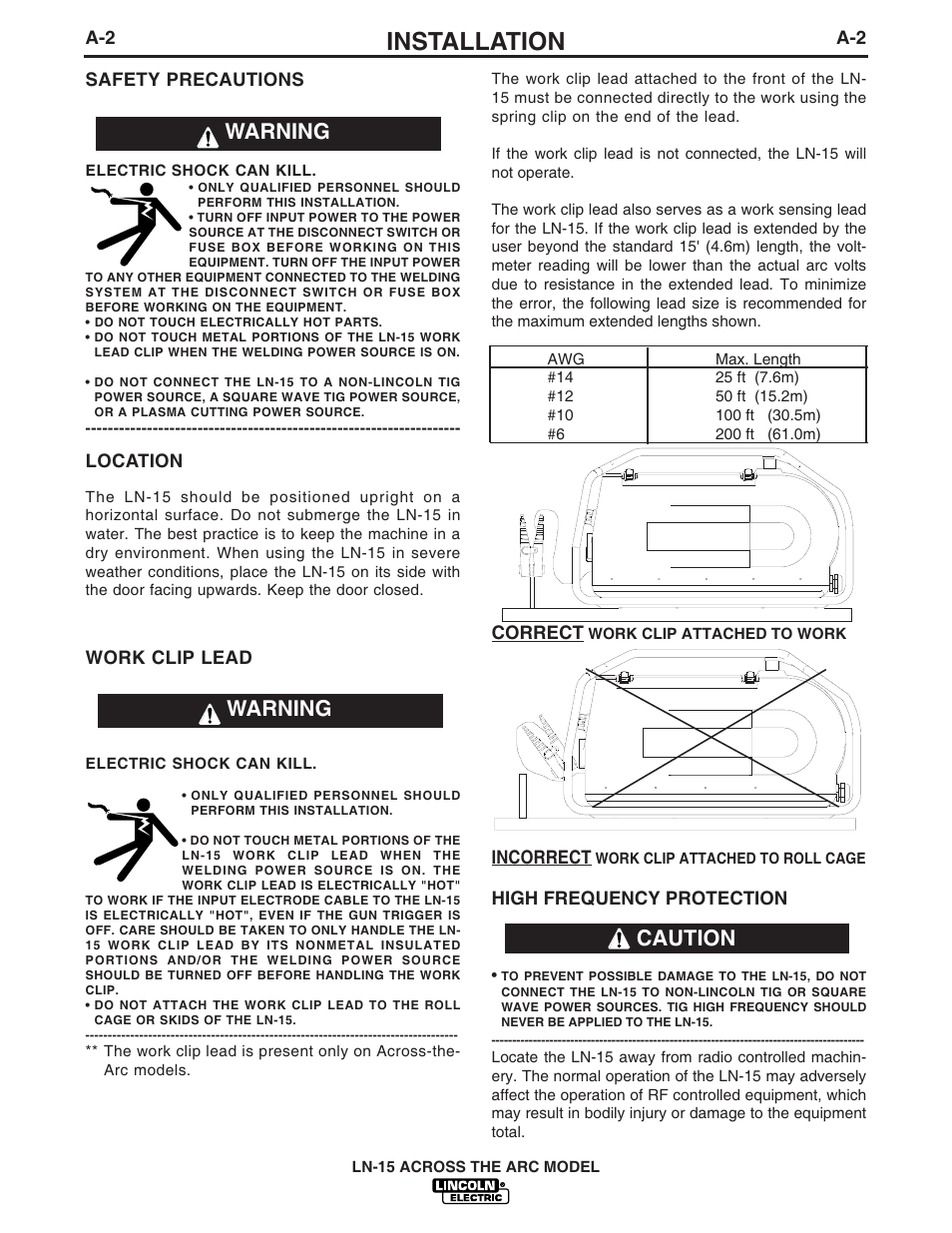 Installation, Warning, Warning caution | Lincoln Electric IM733 LN-15 WIRE FEEDER User Manual | Page 9 / 34