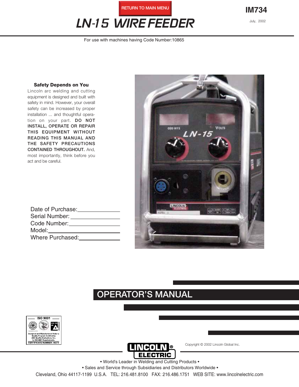 Lincoln Electric IM734 LN-15 WIRE FEEDER User Manual | 34 pages