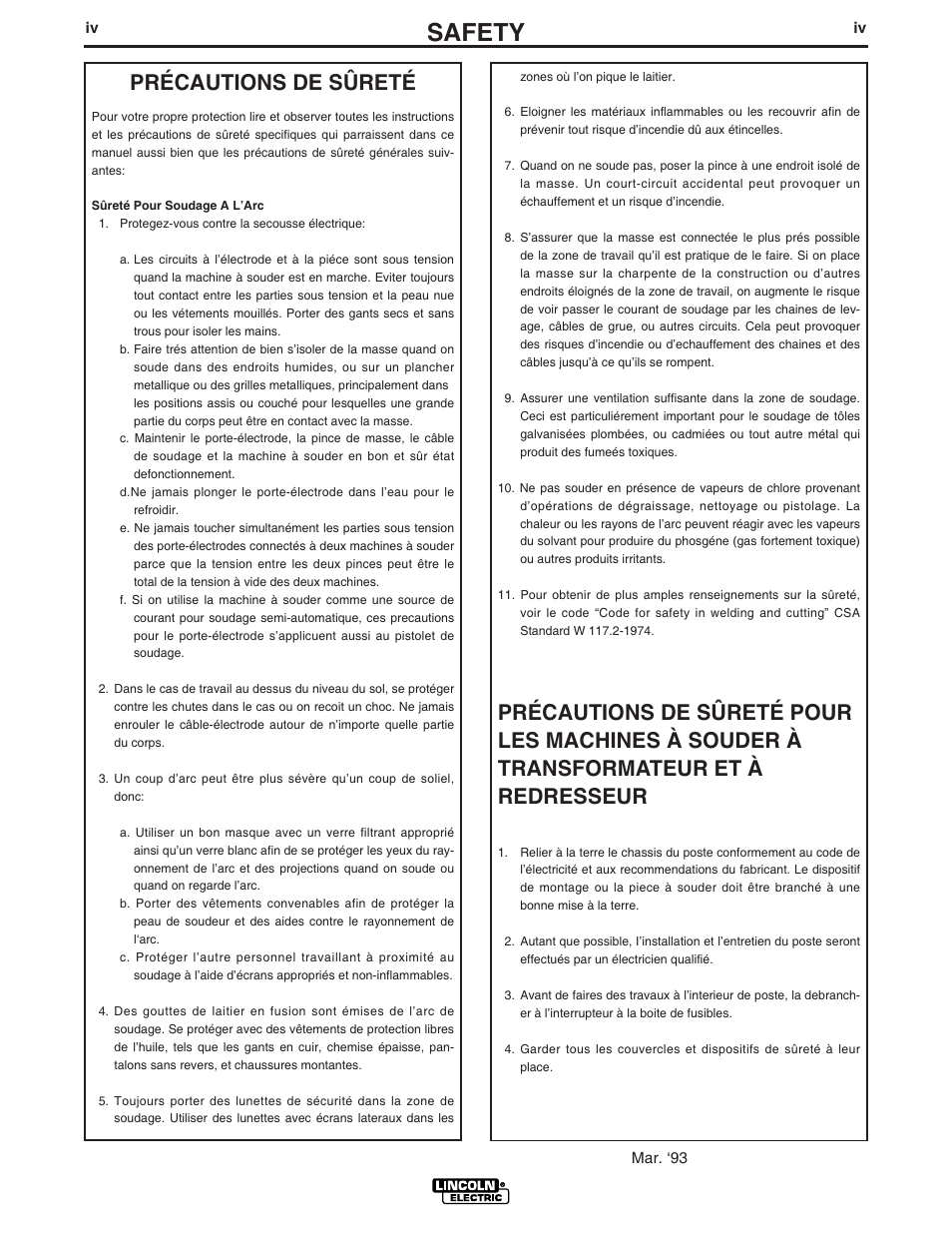 Safety, Précautions de sûreté | Lincoln Electric IM734 LN-15 WIRE FEEDER User Manual | Page 5 / 34
