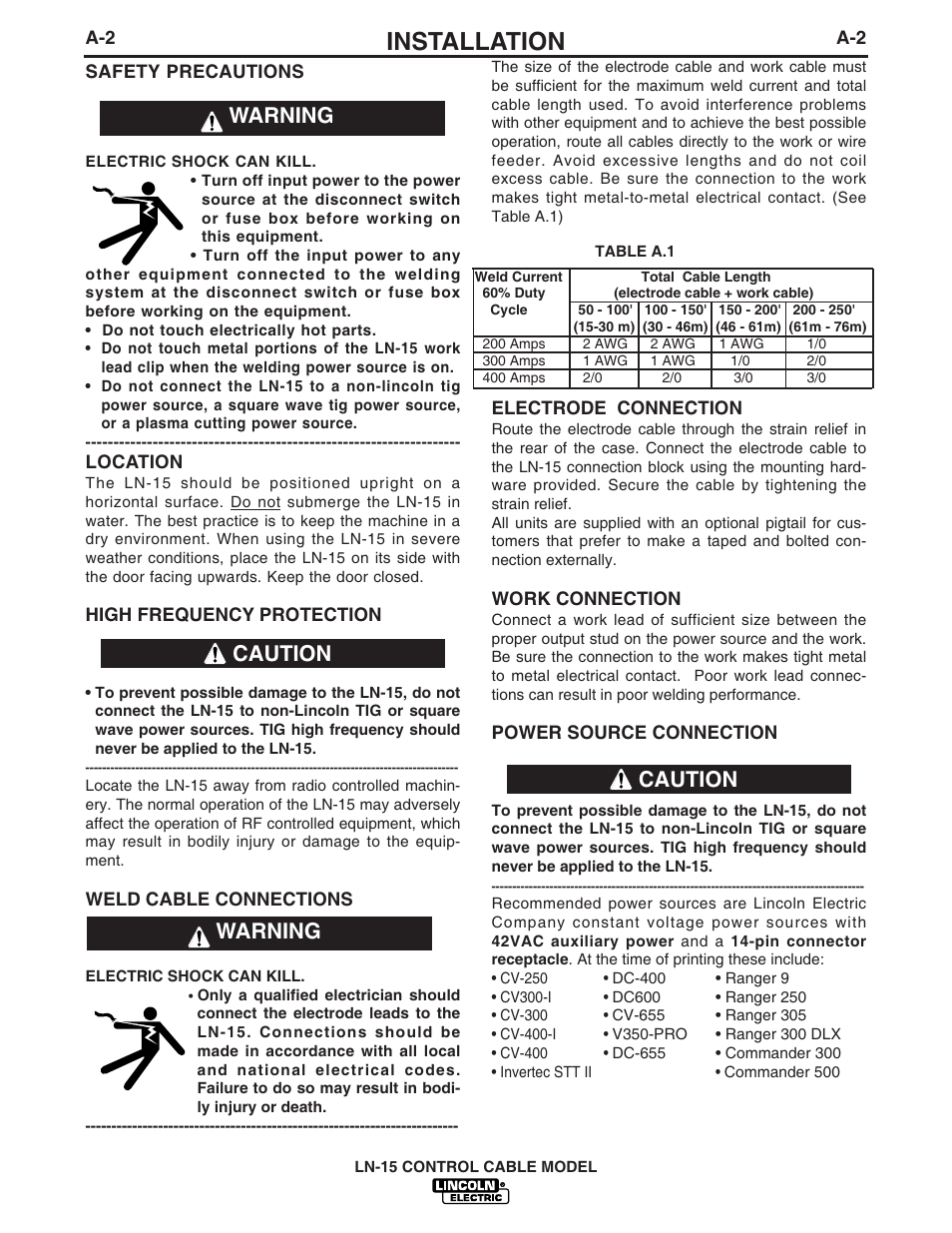 Installation, Warning caution warning, Caution | Lincoln Electric IM734 LN-15 WIRE FEEDER User Manual | Page 9 / 34