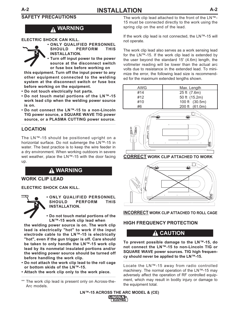 Installation, Warning, Warning caution | Lincoln Electric IM823 LN-15 WIRE FEEDER User Manual | Page 11 / 40