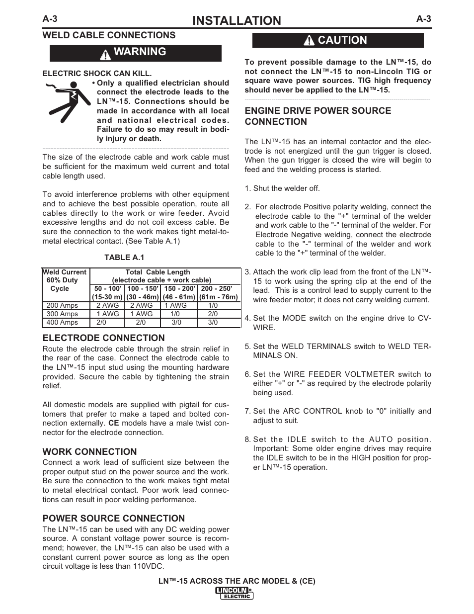 Installation, Warning caution | Lincoln Electric IM823 LN-15 WIRE FEEDER User Manual | Page 12 / 40