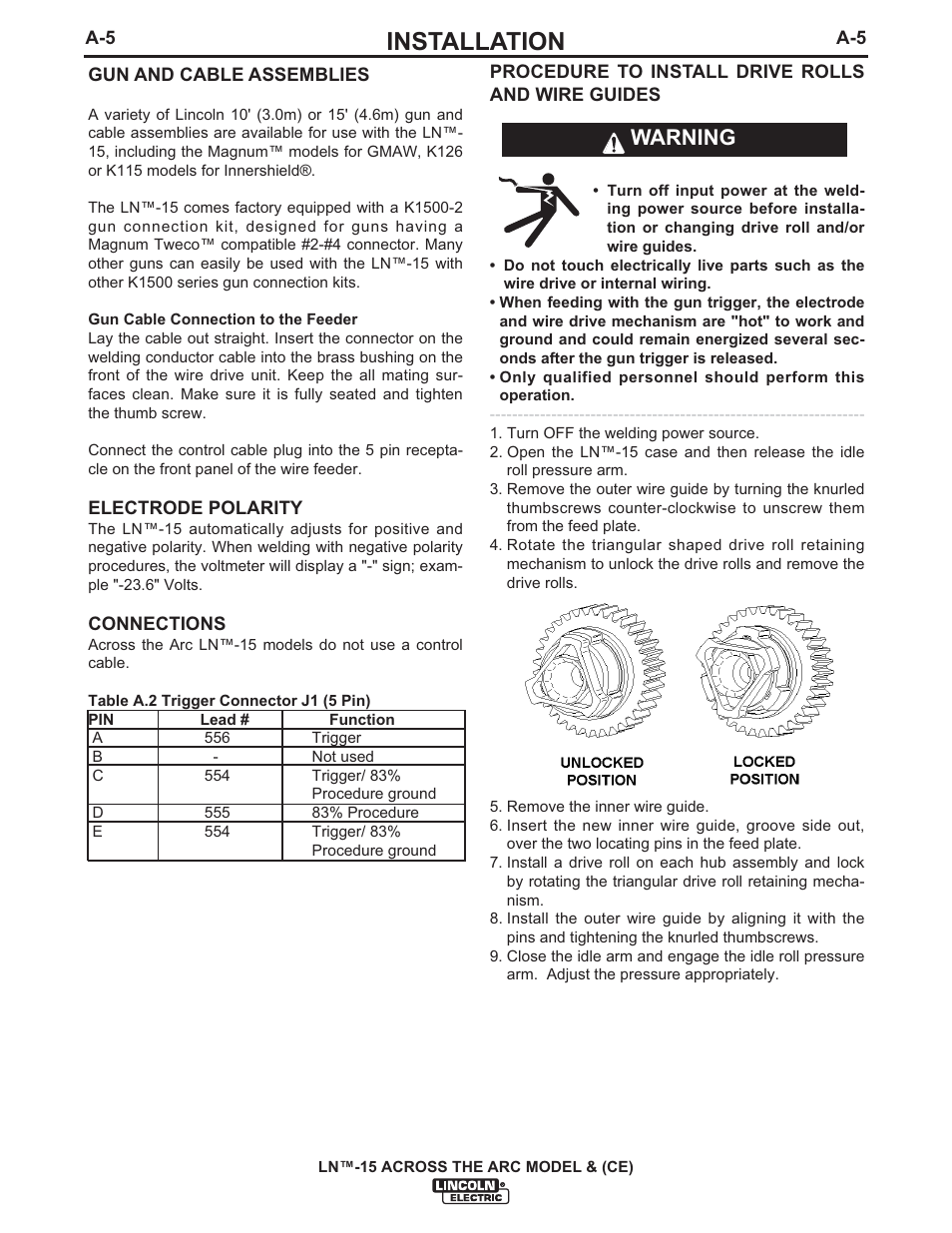 Installation, Warning | Lincoln Electric IM823 LN-15 WIRE FEEDER User Manual | Page 14 / 40