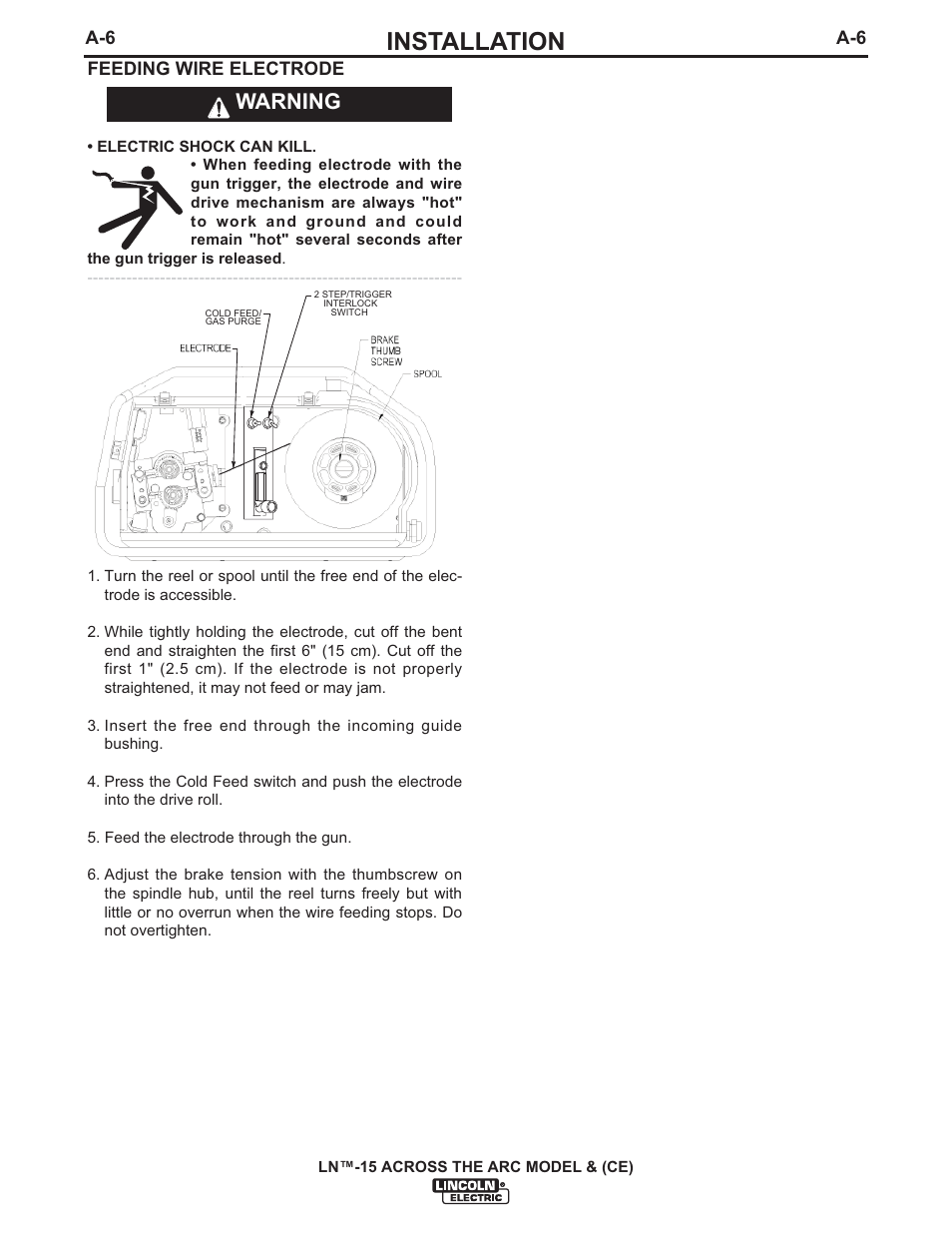 Installation, Warning | Lincoln Electric IM823 LN-15 WIRE FEEDER User Manual | Page 15 / 40