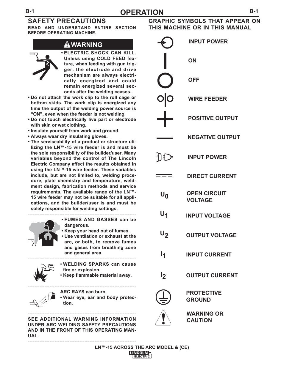 Operation, Warning safety precautions | Lincoln Electric IM823 LN-15 WIRE FEEDER User Manual | Page 16 / 40