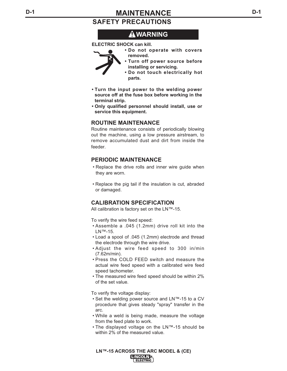 Maintenance, Warning safety precautions | Lincoln Electric IM823 LN-15 WIRE FEEDER User Manual | Page 27 / 40