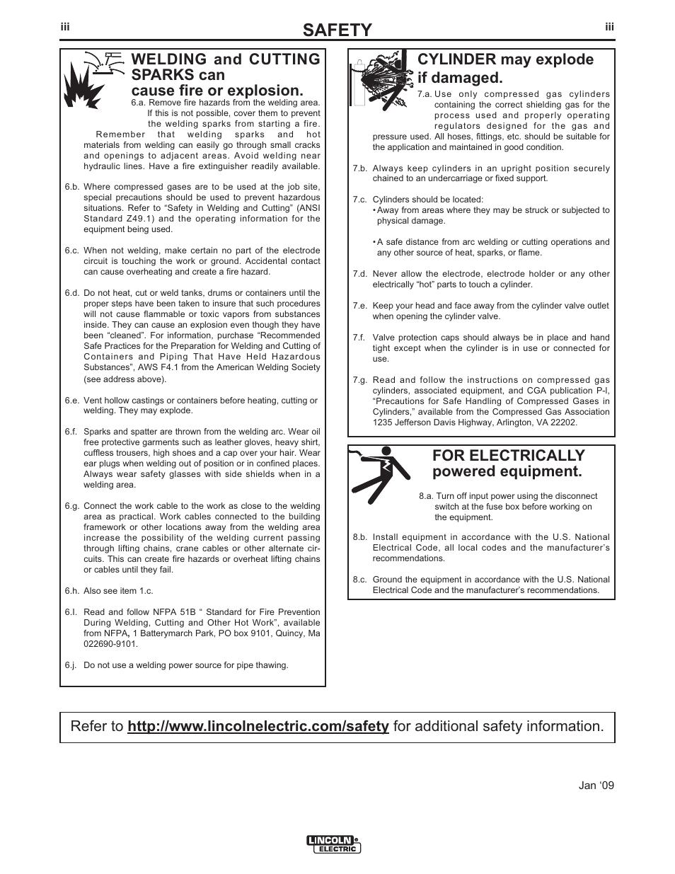 Safety, For electrically powered equipment, Cylinder may explode if damaged | Lincoln Electric IM823 LN-15 WIRE FEEDER User Manual | Page 4 / 40