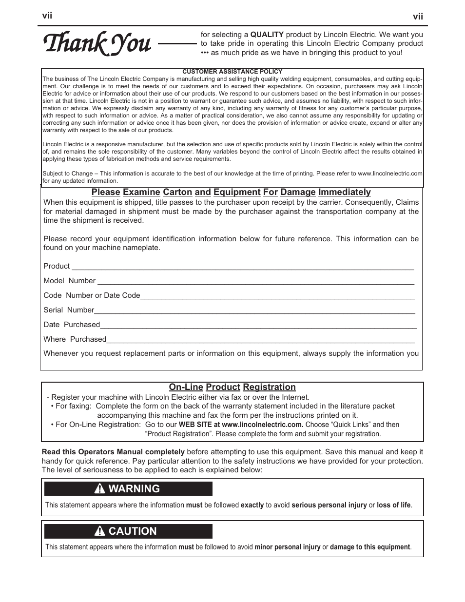 Warning, Caution | Lincoln Electric IM823 LN-15 WIRE FEEDER User Manual | Page 8 / 40