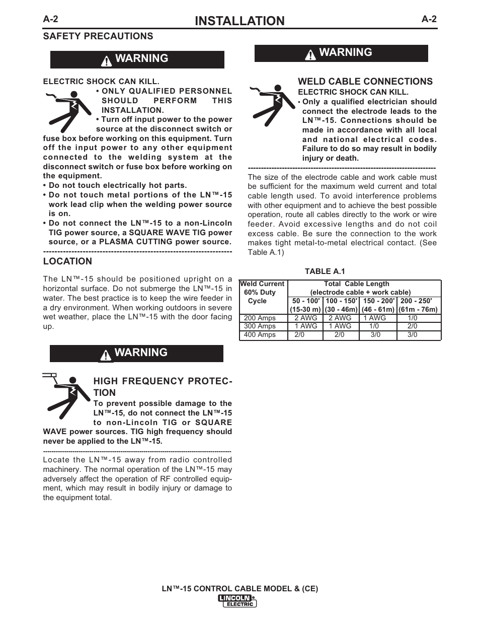 Installation, Warning | Lincoln Electric IM824 LN-15 WIRE FEEDER User Manual | Page 11 / 36