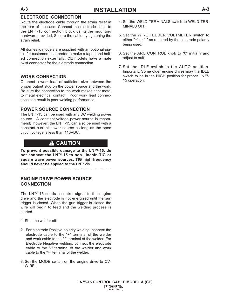 Installation, Caution | Lincoln Electric IM824 LN-15 WIRE FEEDER User Manual | Page 12 / 36