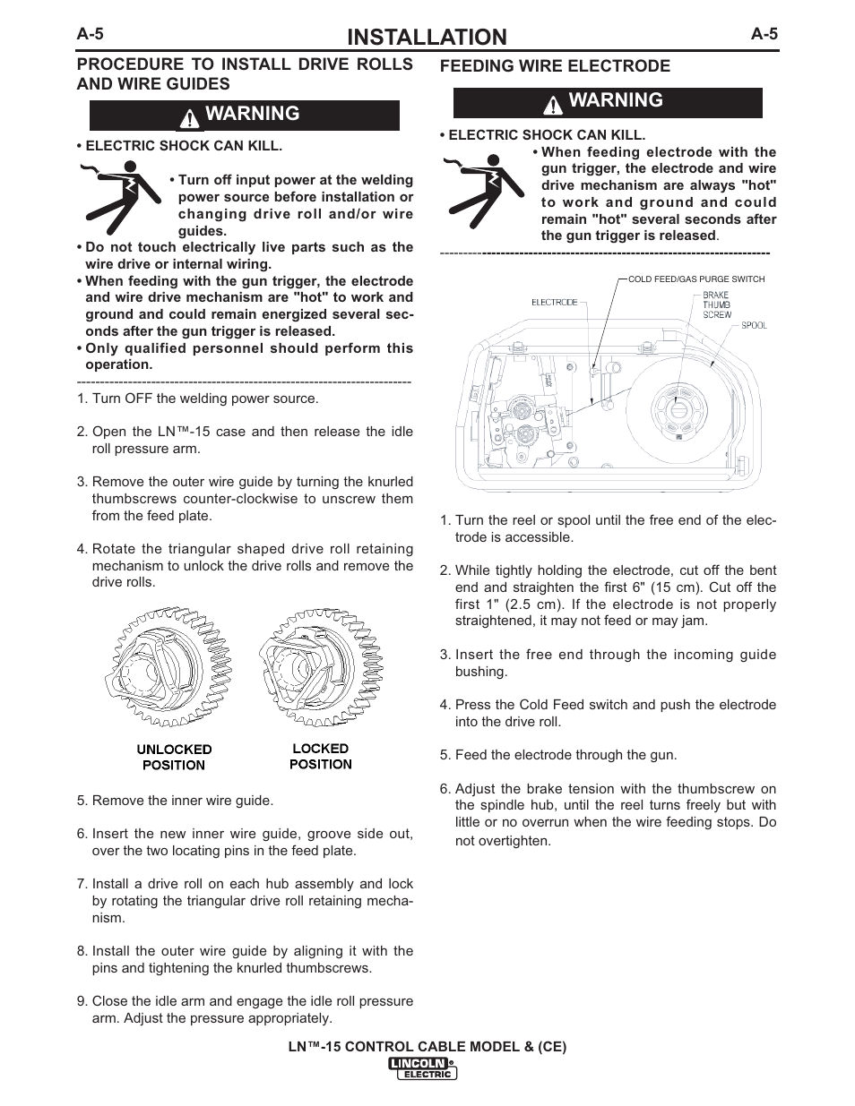 Installation, Warning | Lincoln Electric IM824 LN-15 WIRE FEEDER User Manual | Page 14 / 36