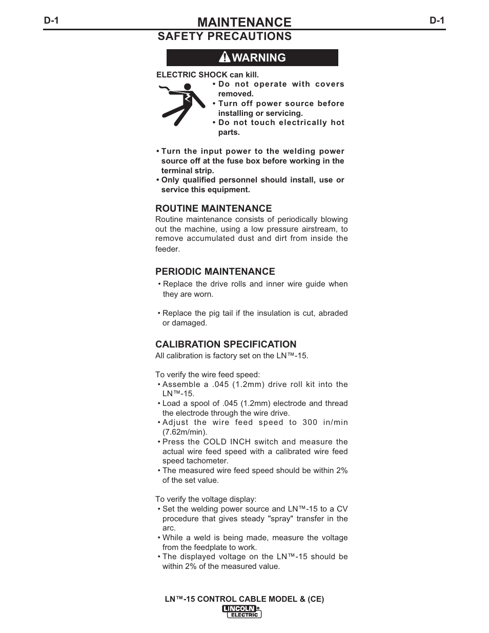 Maintenance, Warning safety precautions | Lincoln Electric IM824 LN-15 WIRE FEEDER User Manual | Page 26 / 36