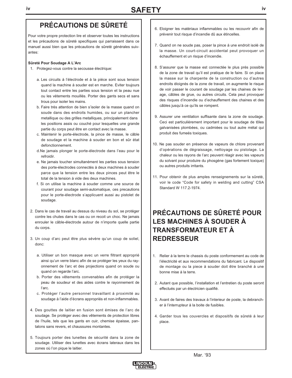 Safety, Précautions de sûreté | Lincoln Electric IM824 LN-15 WIRE FEEDER User Manual | Page 5 / 36