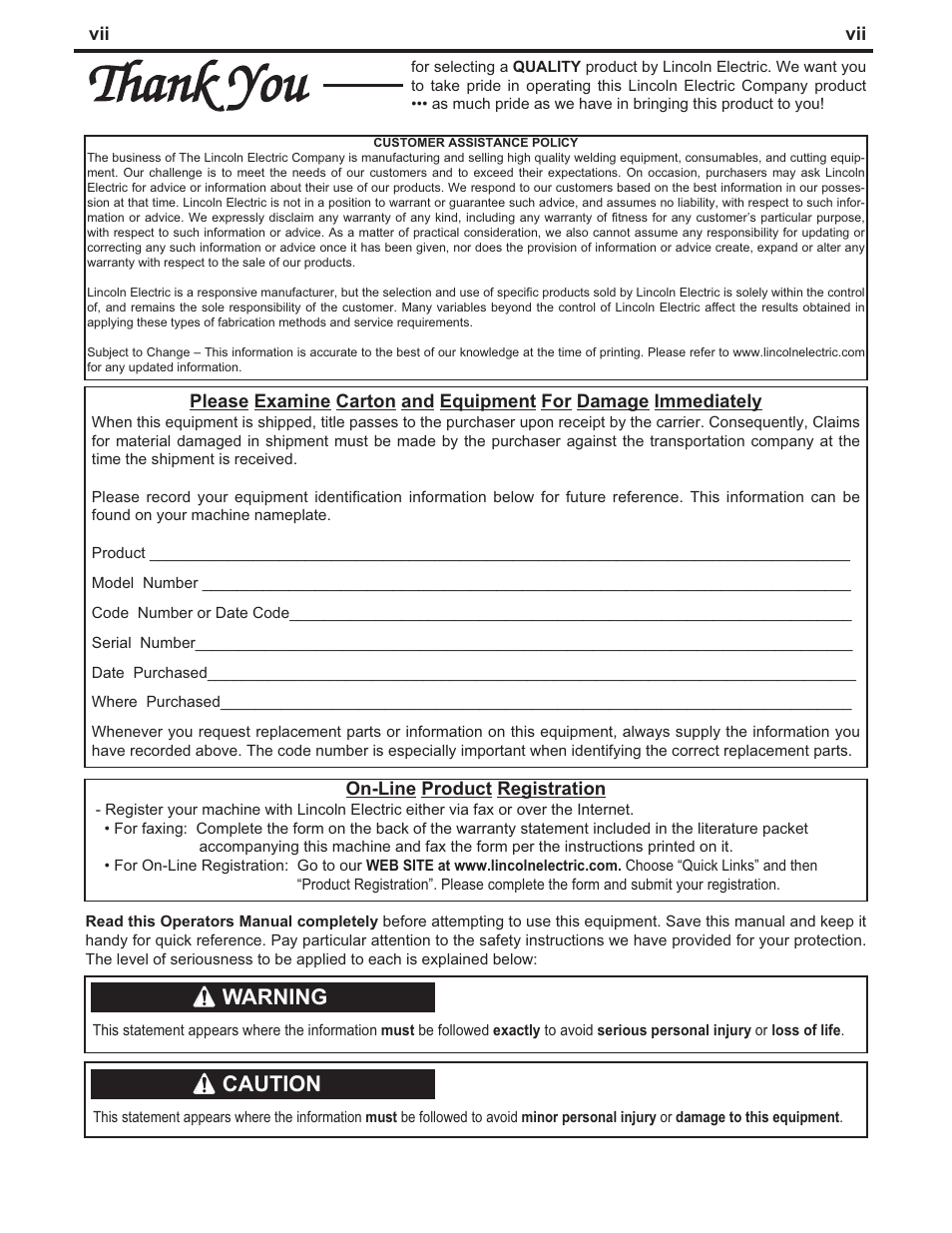 Warning, Caution | Lincoln Electric IM824 LN-15 WIRE FEEDER User Manual | Page 8 / 36