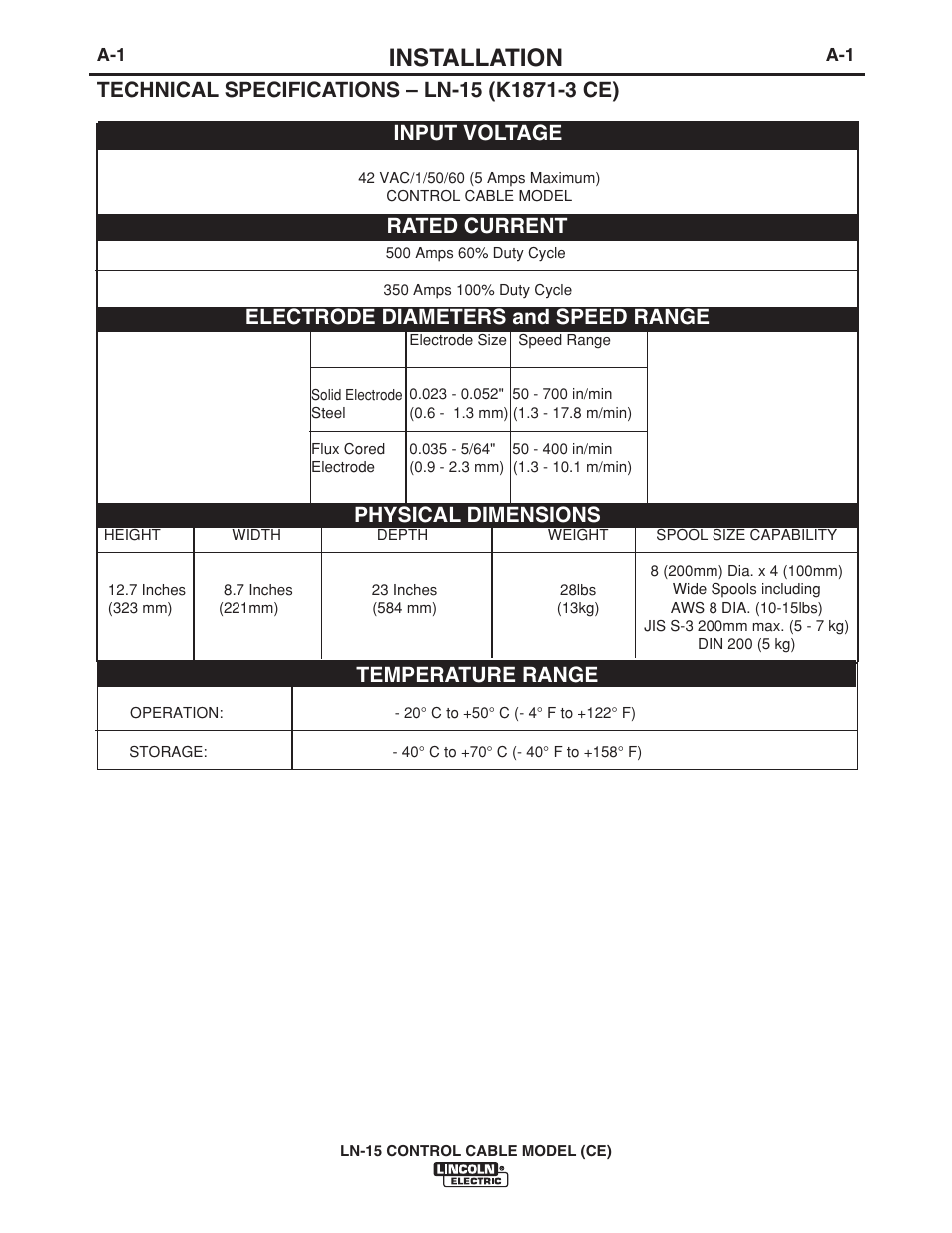 Installation, Temperature range | Lincoln Electric IM910 LN-15 WIRE FEEDER User Manual | Page 10 / 36