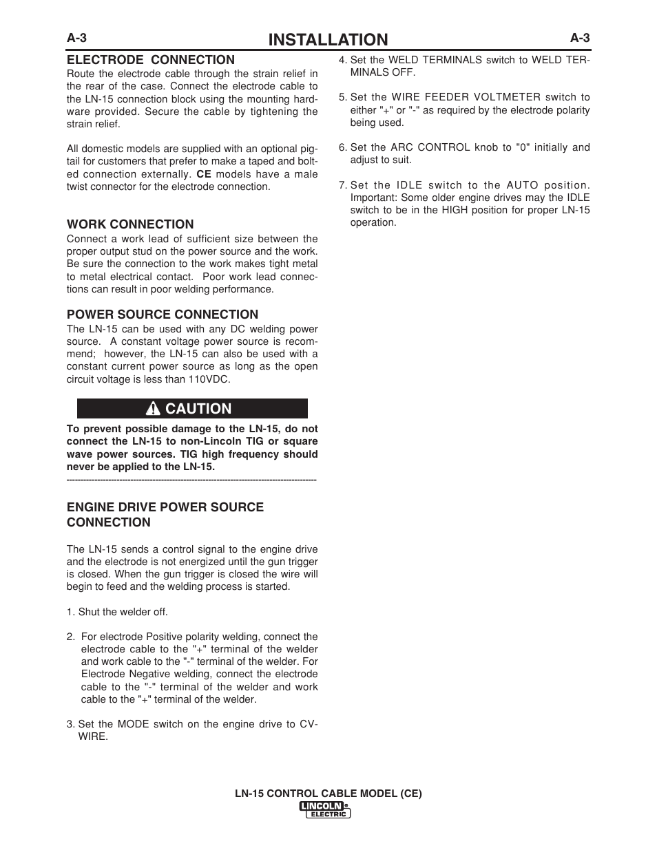 Installation, Caution | Lincoln Electric IM910 LN-15 WIRE FEEDER User Manual | Page 12 / 36