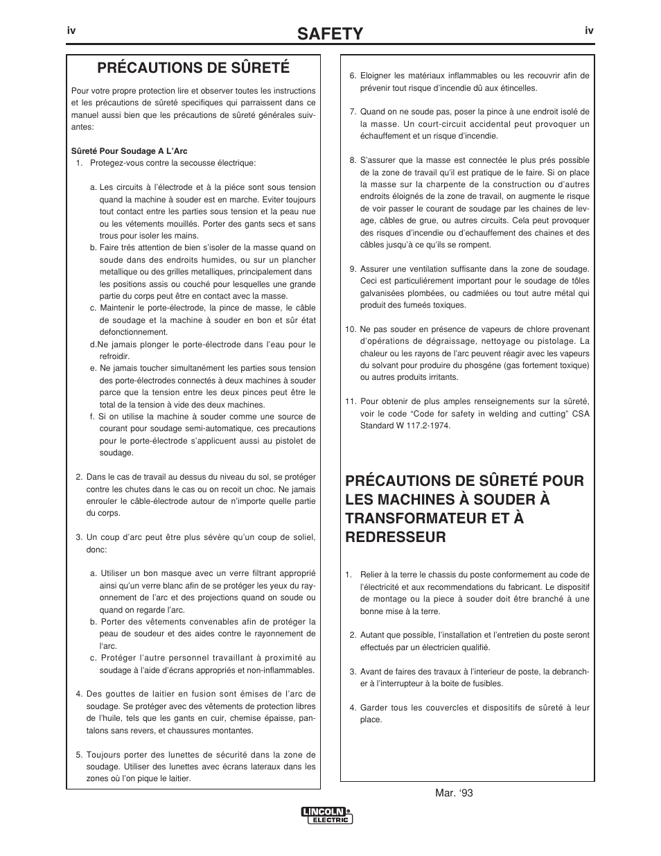 Safety, Précautions de sûreté | Lincoln Electric IM910 LN-15 WIRE FEEDER User Manual | Page 5 / 36