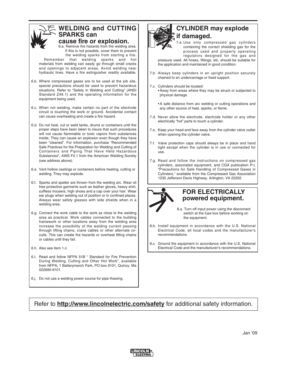 Safety, For electrically powered equipment, Cylinder may explode if damaged | Lincoln Electric IM311 LN-23P User Manual | Page 4 / 35