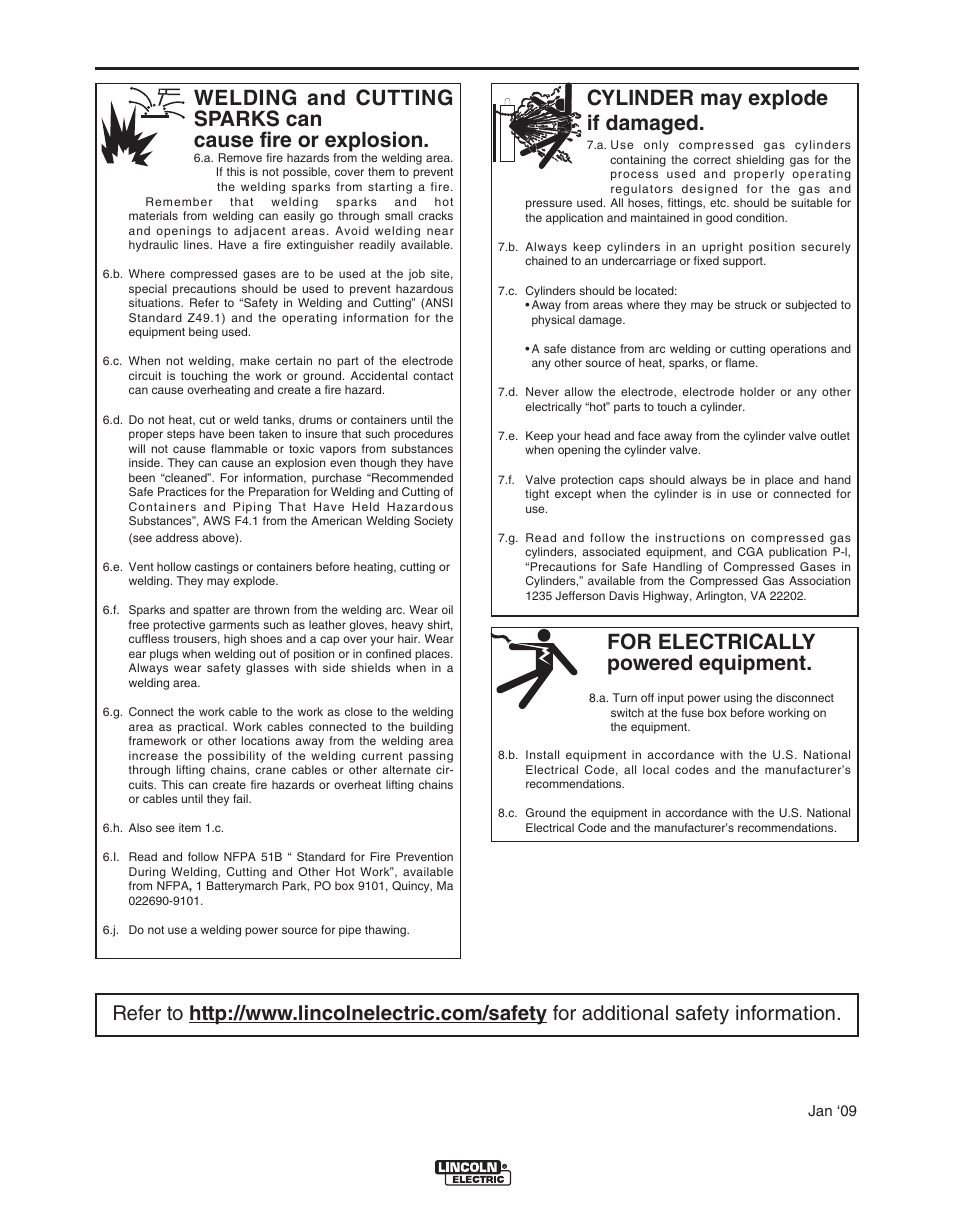 Safety, For electrically powered equipment, Cylinder may explode if damaged | Lincoln Electric IM922 LN-23P User Manual | Page 4 / 36