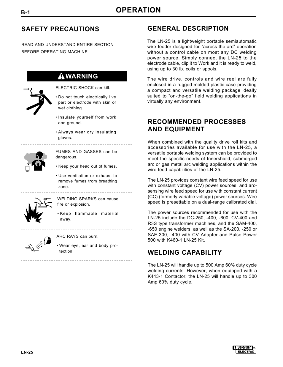 Operation, Warning general description, Recommended processes and equipment | Welding capability, Safety precautions | Lincoln Electric IM359 LN-25 User Manual | Page 12 / 34