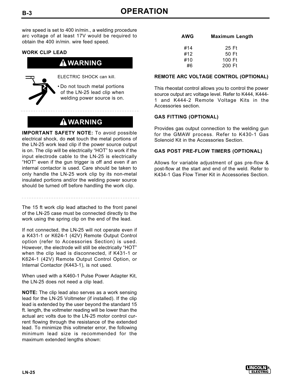 Operation, Warning | Lincoln Electric IM359 LN-25 User Manual | Page 14 / 34