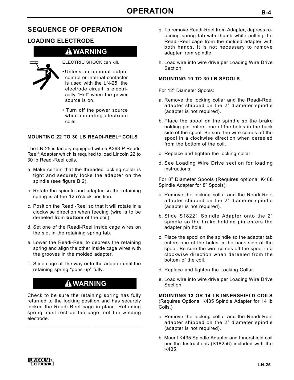 Operation, Warning, Sequence of operation | Lincoln Electric IM359 LN-25 User Manual | Page 15 / 34