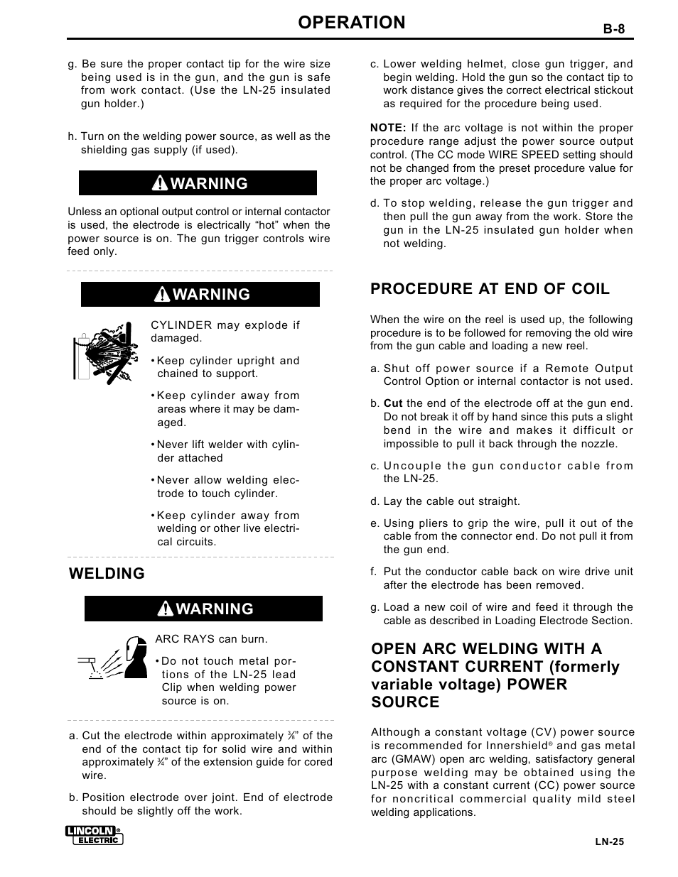 Operation, Warning, Procedure at end of coil | Welding | Lincoln Electric IM359 LN-25 User Manual | Page 19 / 34