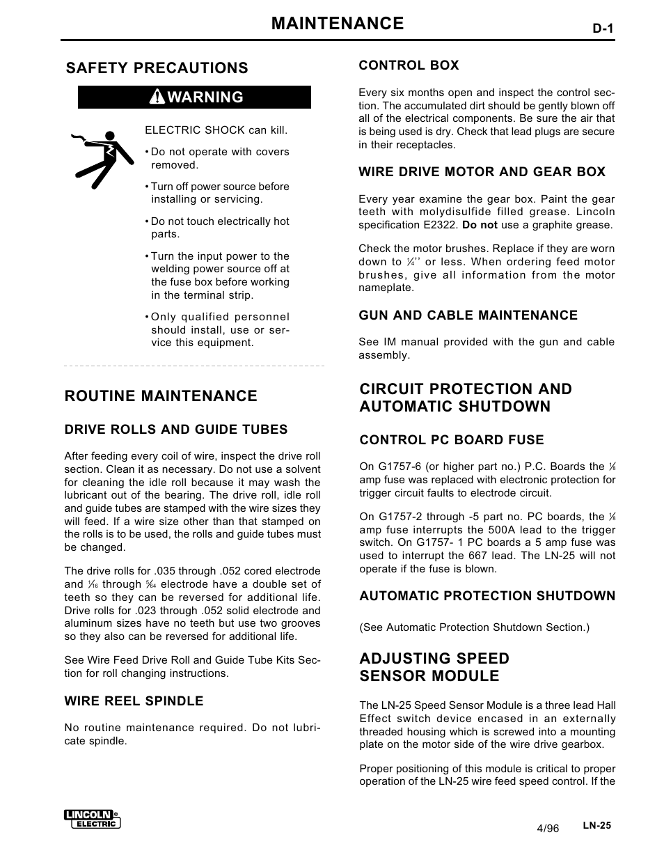 Maintenance, Circuit protection and automatic shutdown, Adjusting speed sensor module | Routine maintenance, Warning safety precautions | Lincoln Electric IM359 LN-25 User Manual | Page 27 / 34