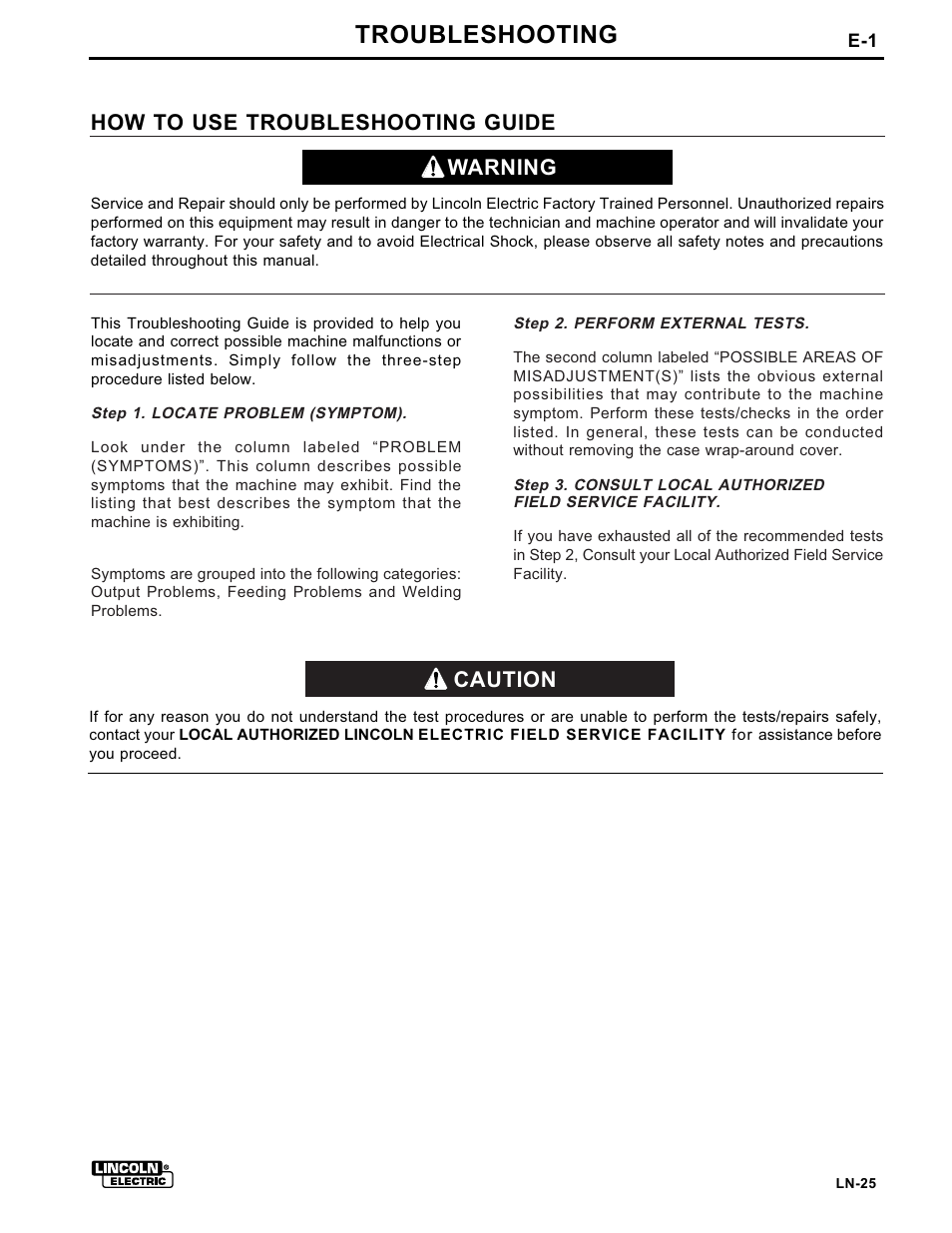 Troubleshooting, How to use troubleshooting guide, Warning | Caution | Lincoln Electric IM359 LN-25 User Manual | Page 29 / 34