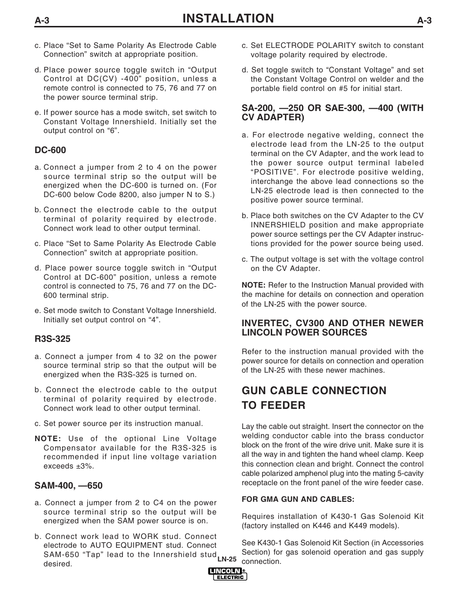 Installation, Gun cable connection to feeder | Lincoln Electric IM620 LN-25 User Manual | Page 10 / 40