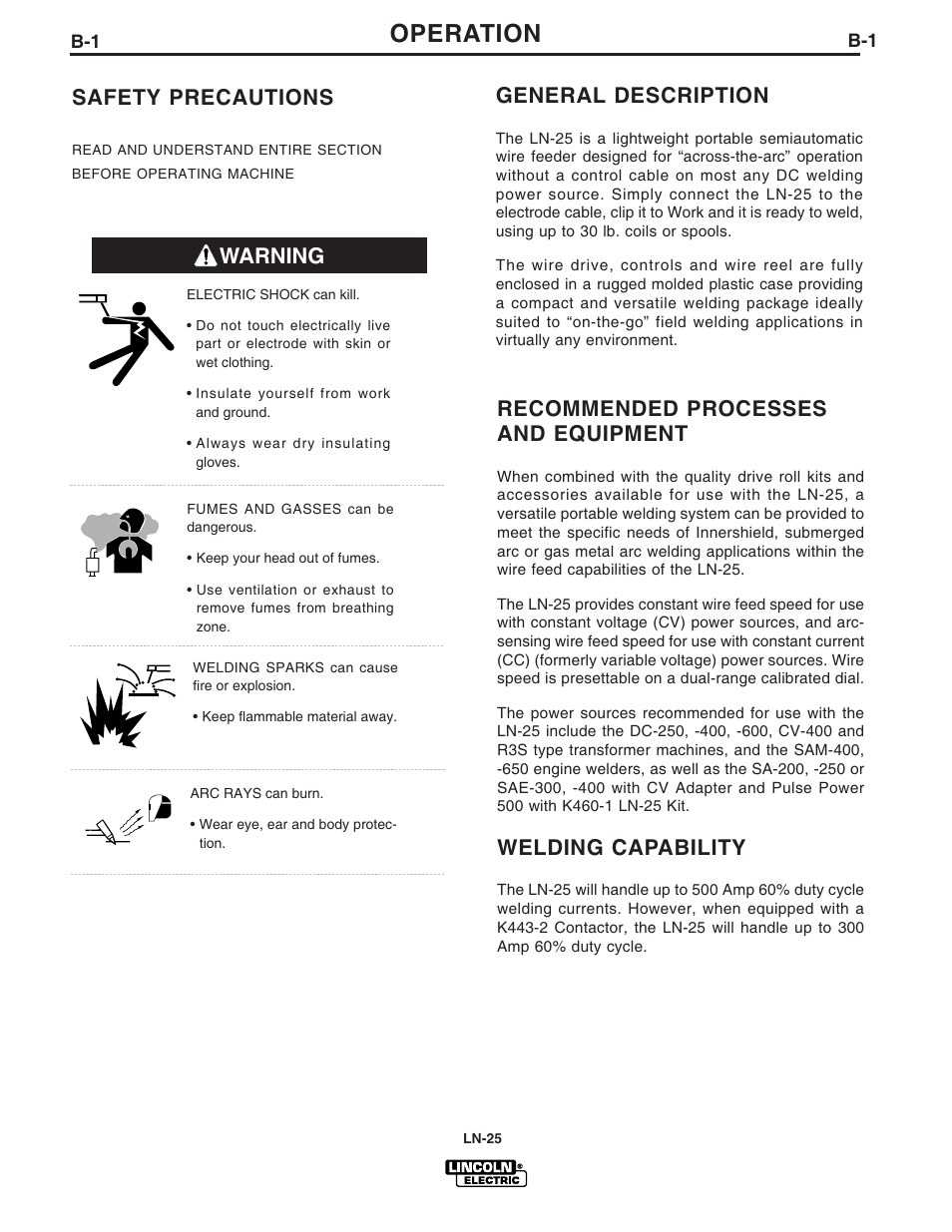 Operation, Warning general description, Recommended processes and equipment | Welding capability, Safety precautions | Lincoln Electric IM620 LN-25 User Manual | Page 12 / 40