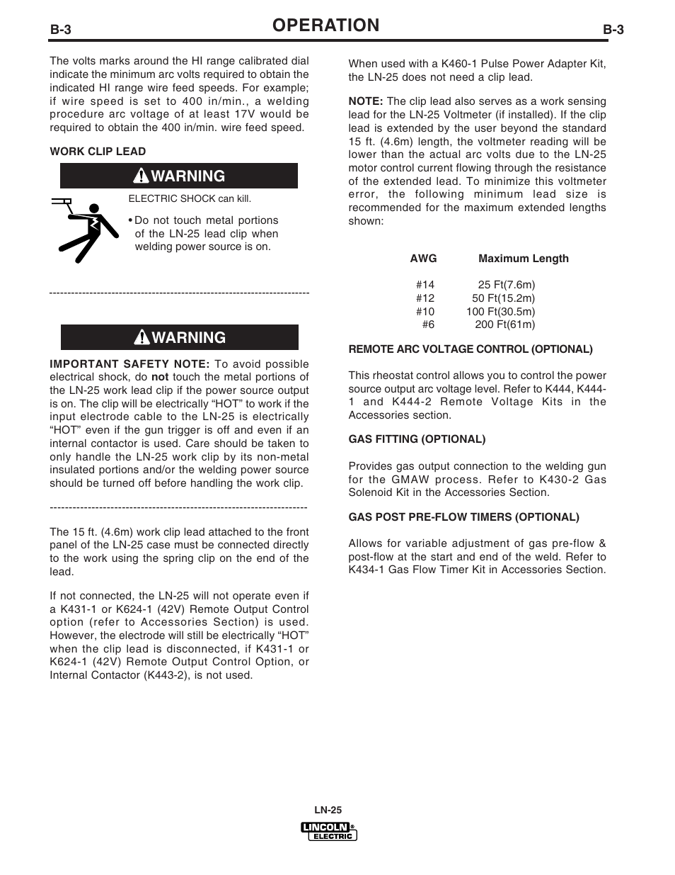 Operation, Warning | Lincoln Electric IM620 LN-25 User Manual | Page 14 / 40