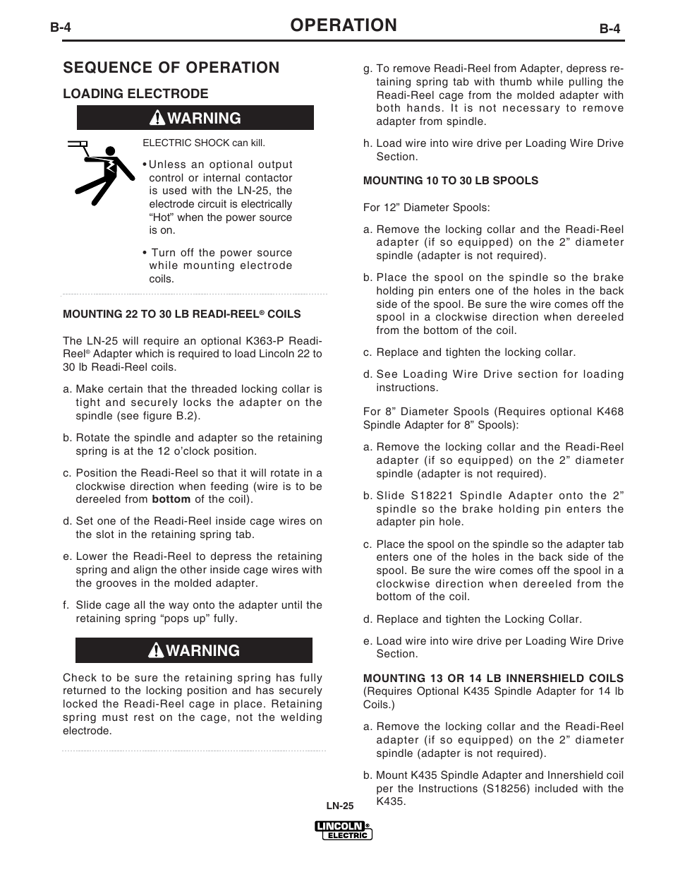 Operation, Warning, Sequence of operation | Lincoln Electric IM620 LN-25 User Manual | Page 15 / 40