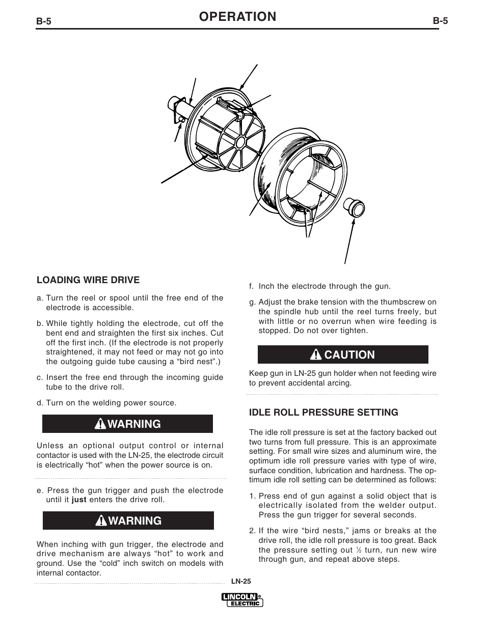 Operation, Warning, Warning caution | Lincoln Electric IM620 LN-25 User Manual | Page 16 / 40